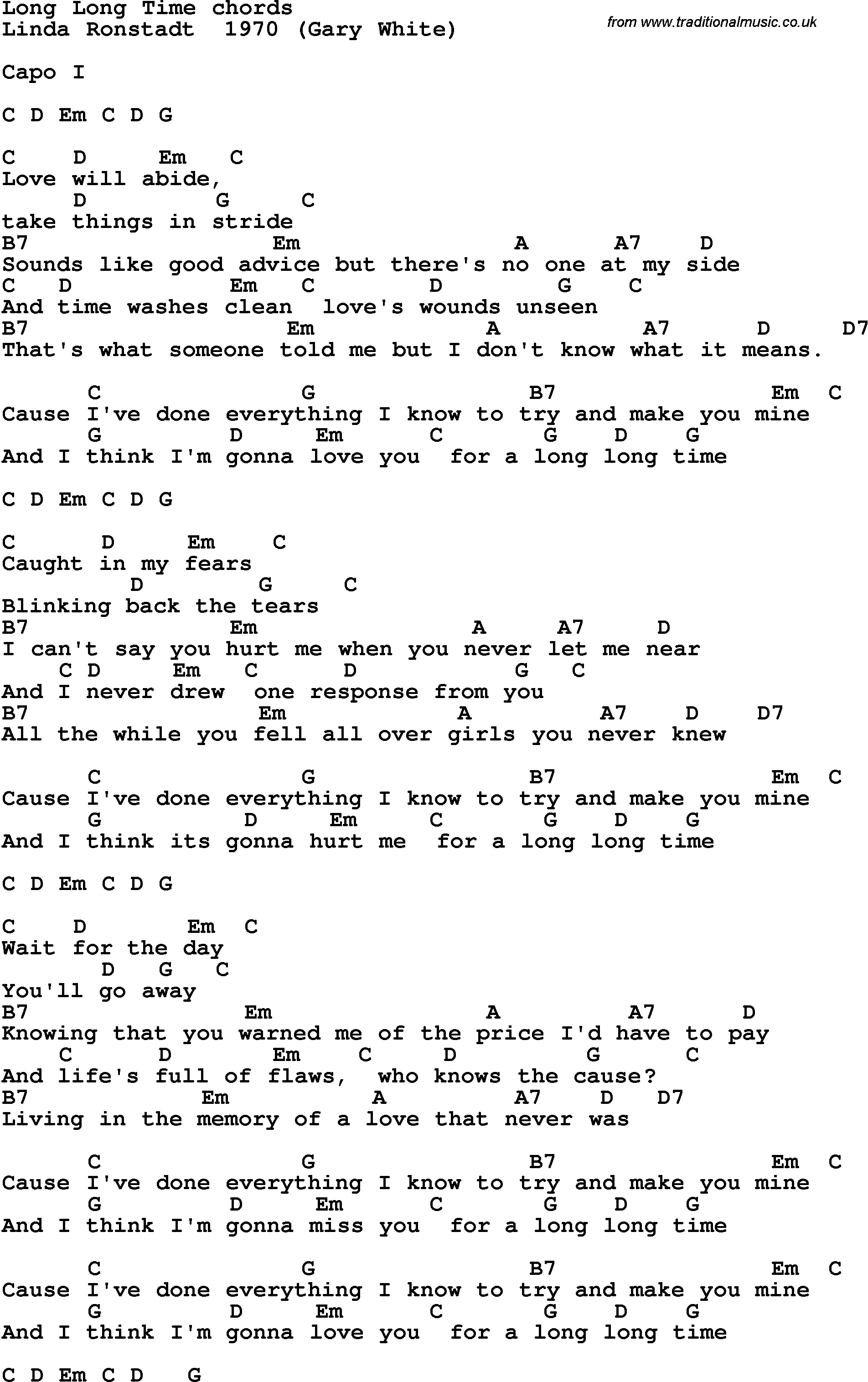 Song Lyrics with guitar chords for Long Long Time
