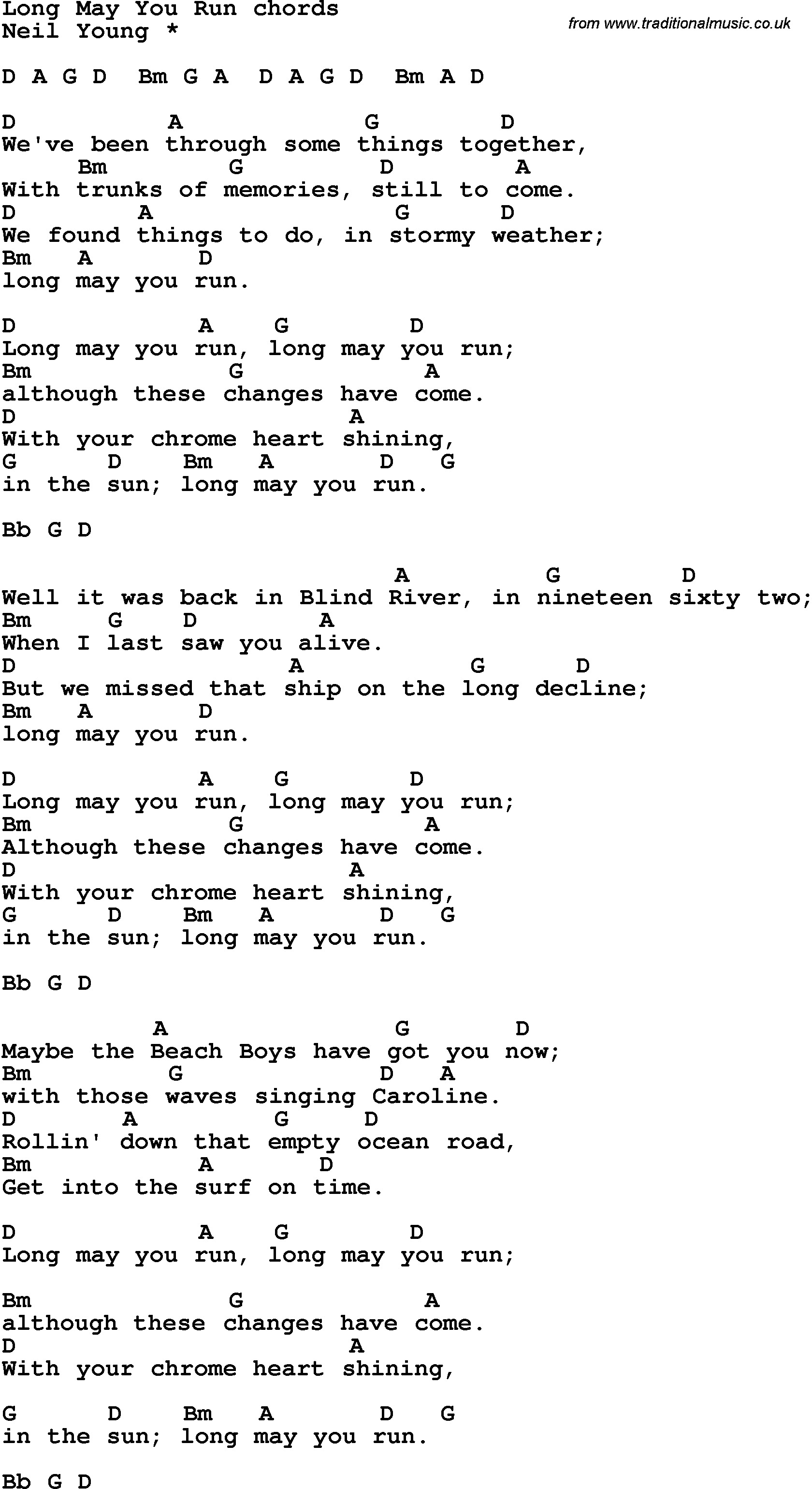 Song Lyrics with guitar chords for Long May You Run