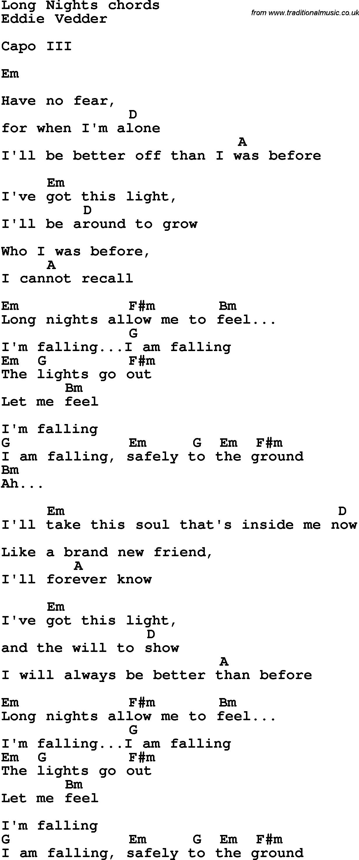 Song Lyrics with guitar chords for Long Nights