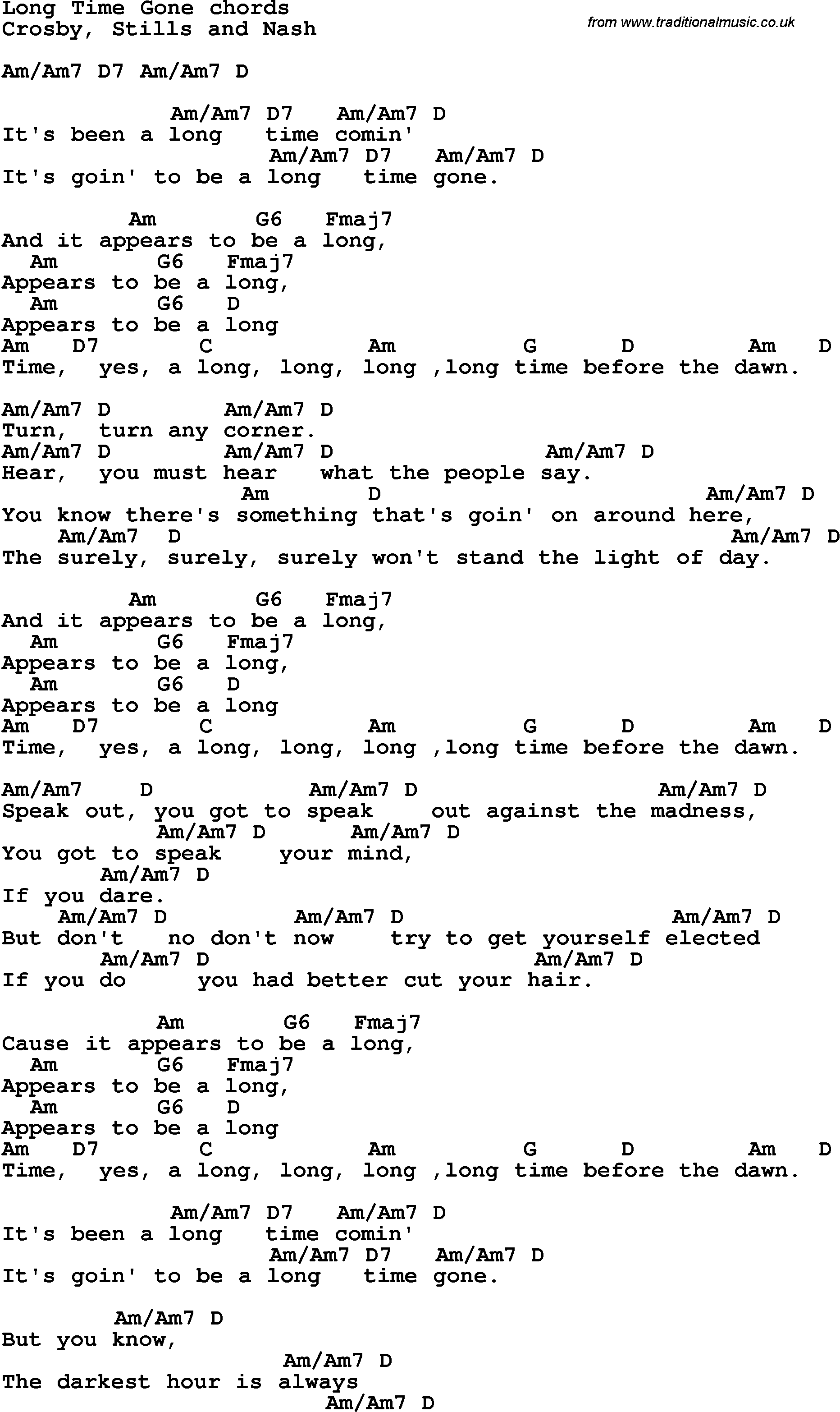 Song Lyrics with guitar chords for Long Time Gone