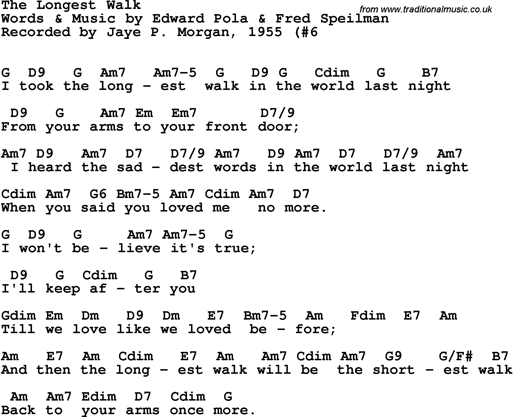 Song Lyrics with guitar chords for Longest Walk, The - Jaye P