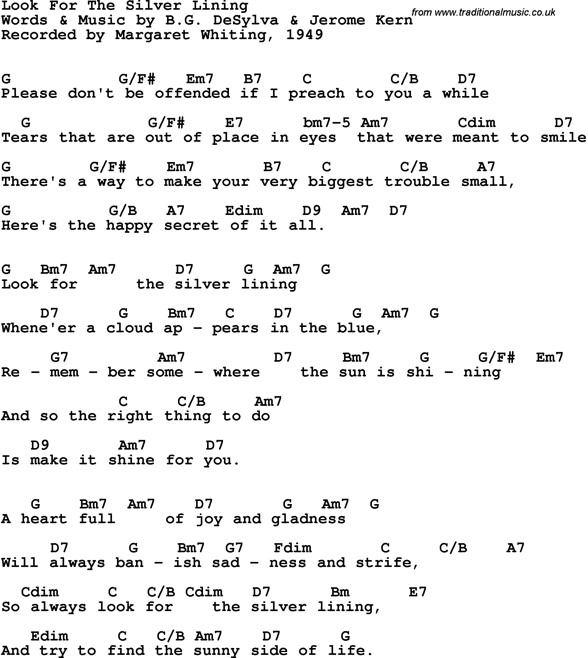 Song Lyrics with guitar chords for Look For The Silver Lining - Margaret Whiting, 1949