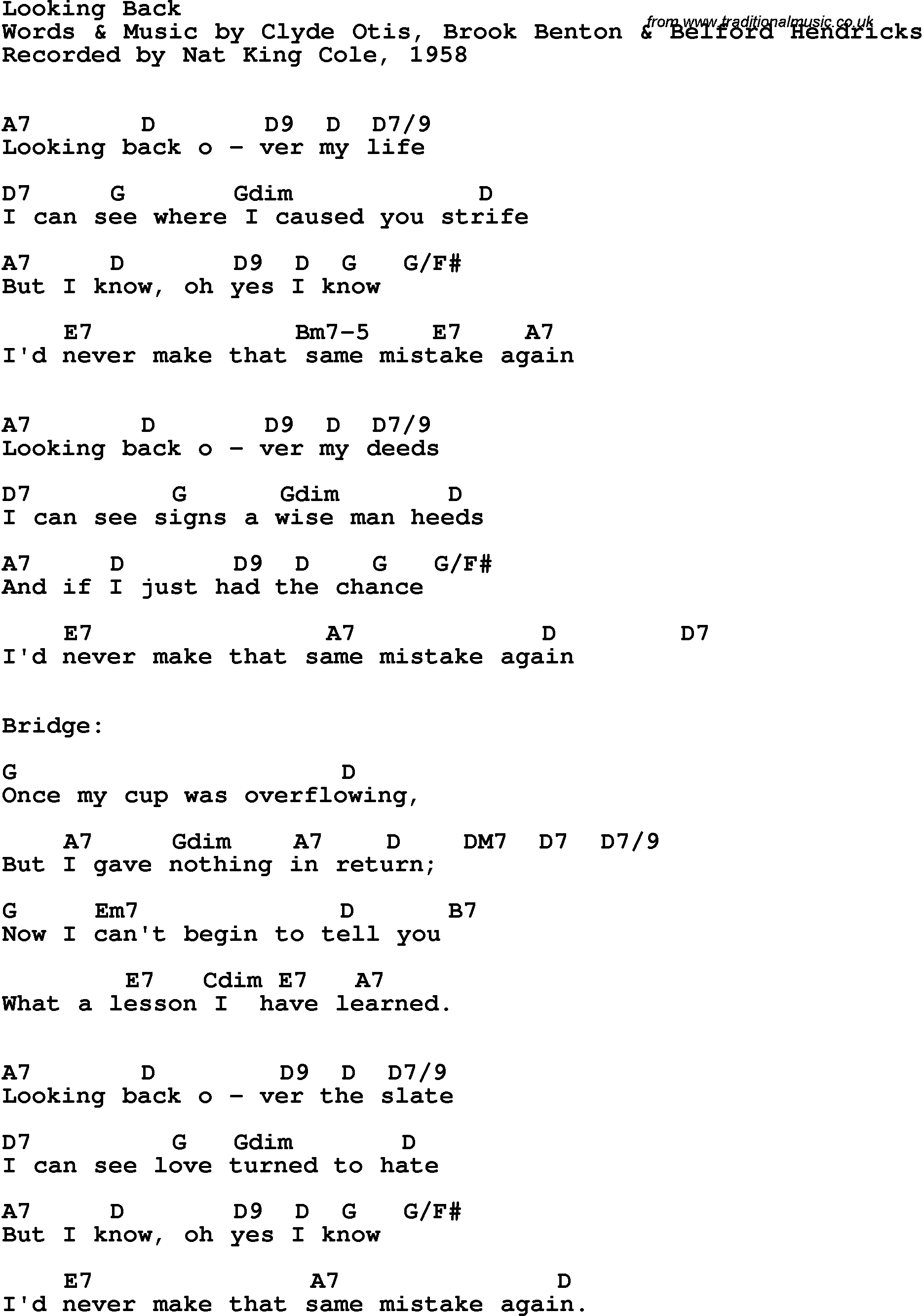 Song Lyrics with guitar chords for Looking Back - Nat King Cole, 1958