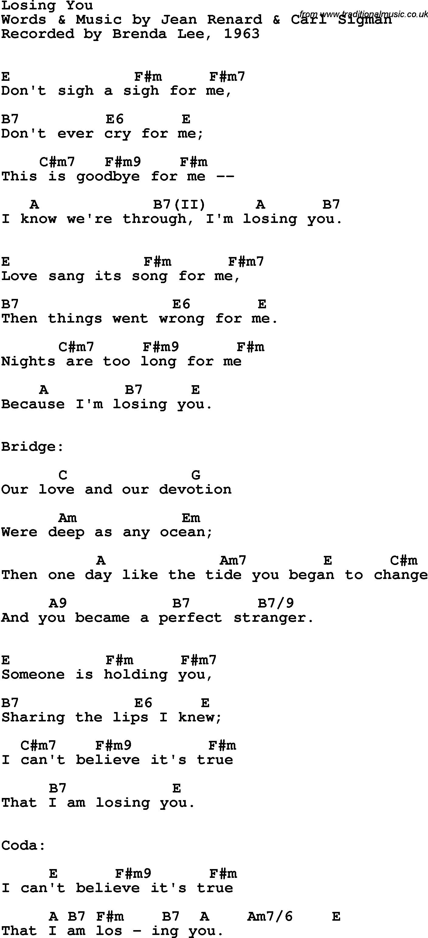 Song Lyrics with guitar chords for Losing You - Brenda Lee, 1963