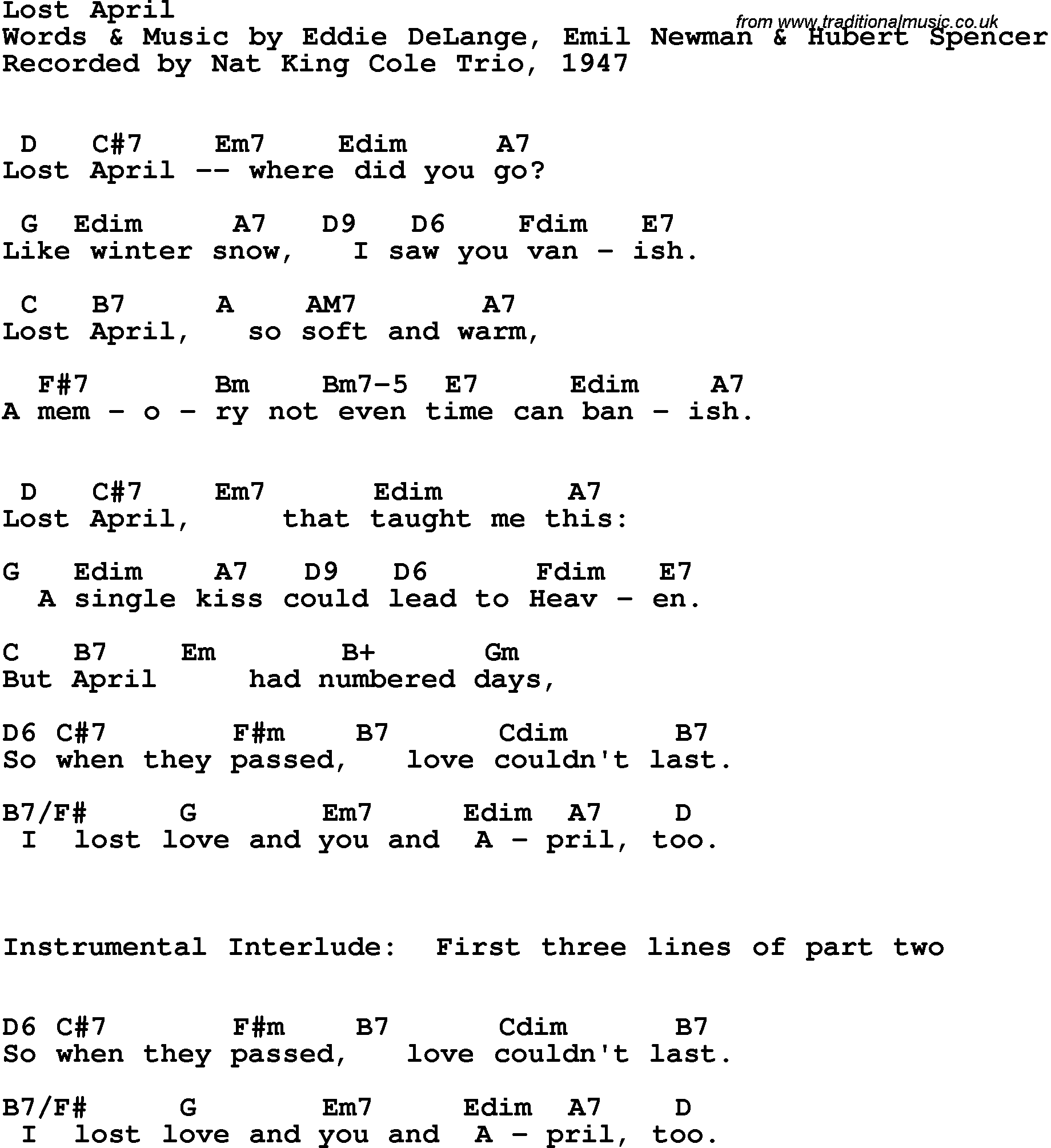 Song Lyrics with guitar chords for Lost April - Nat King Cole, 1947