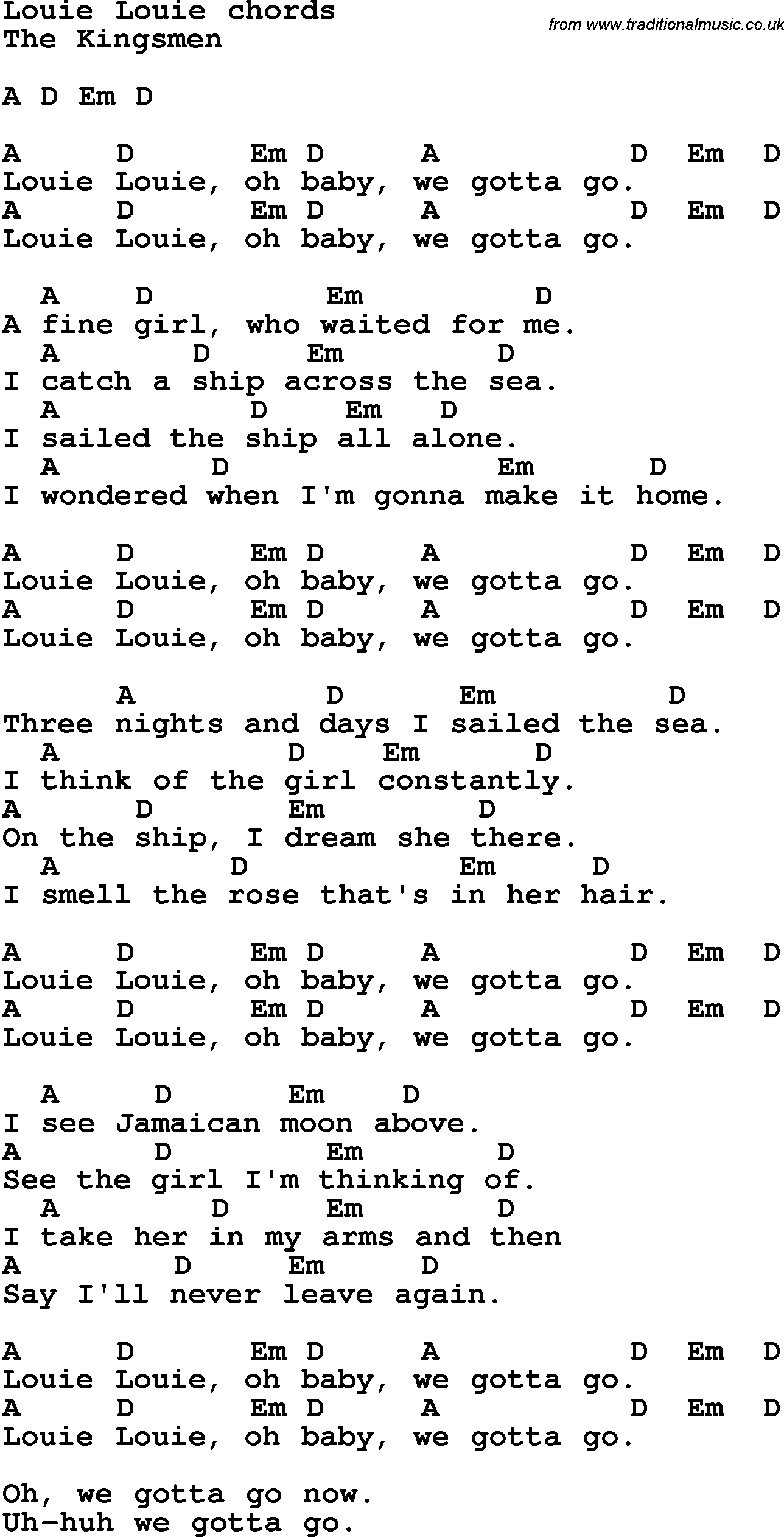Song Lyrics with guitar chords for Louie Louie