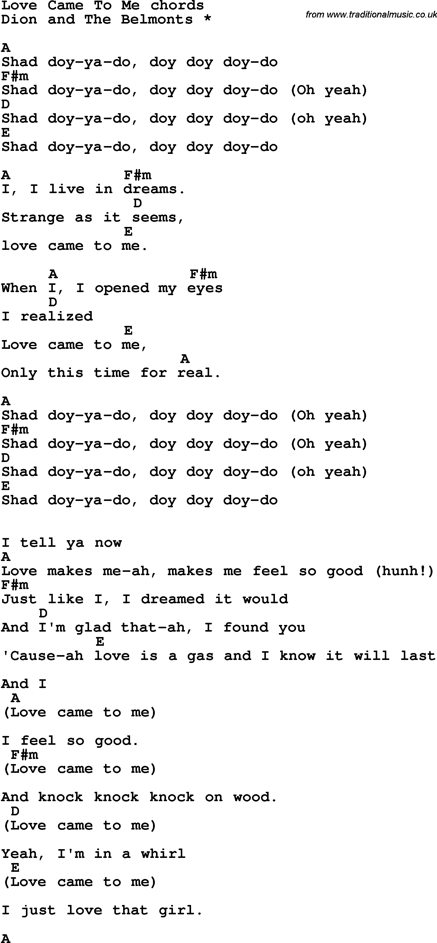Song Lyrics with guitar chords for Love Came To Mea