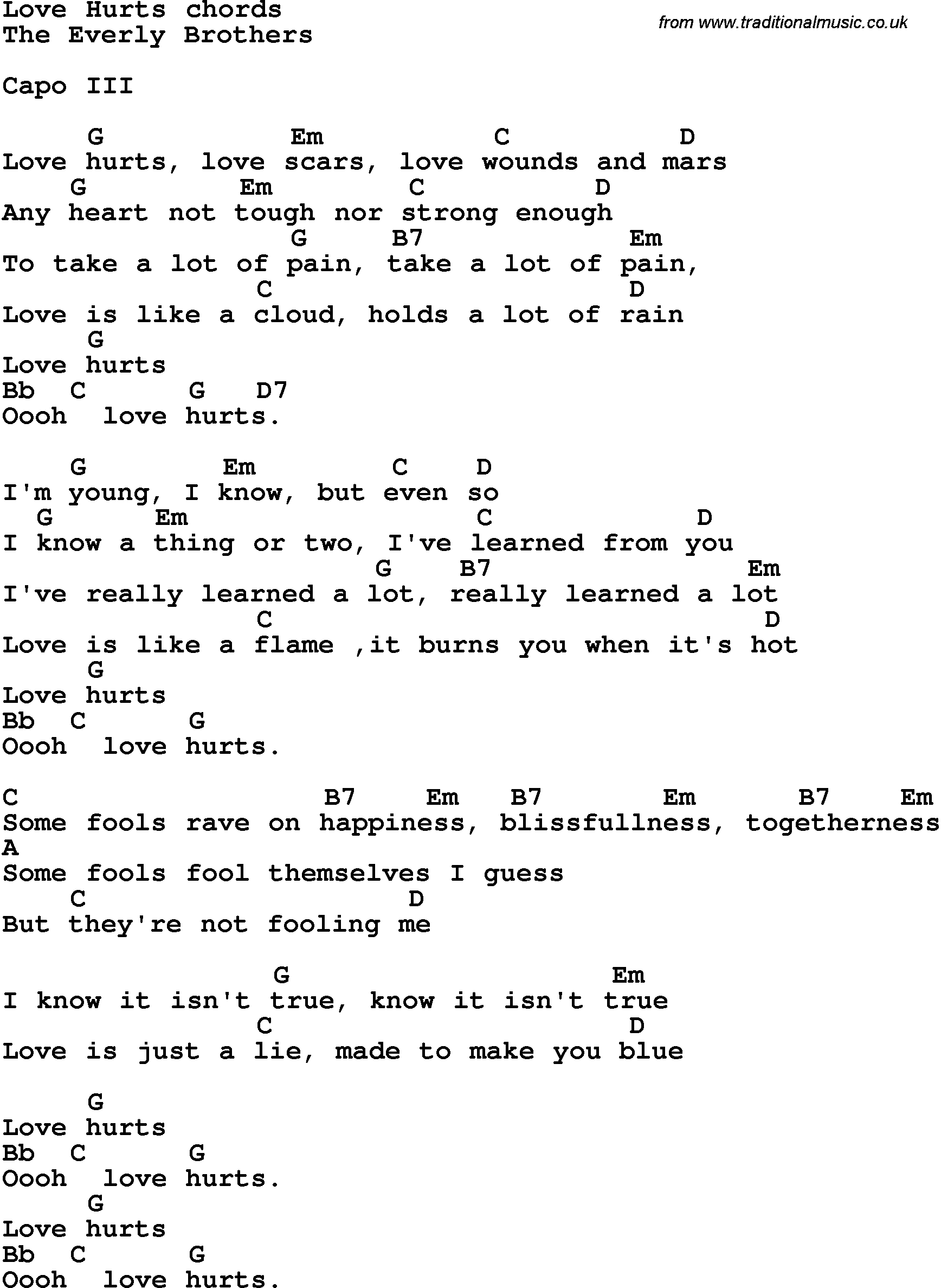 Song Lyrics with guitar chords for Love Hurts - The Everly Brothers