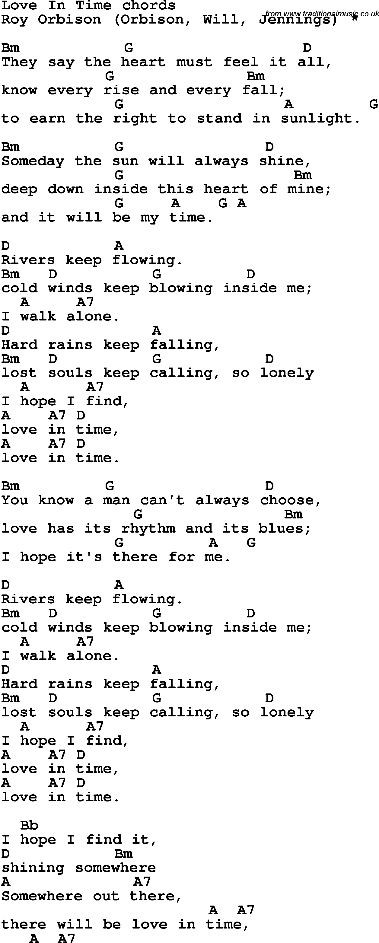 Song Lyrics with guitar chords for Love In Time