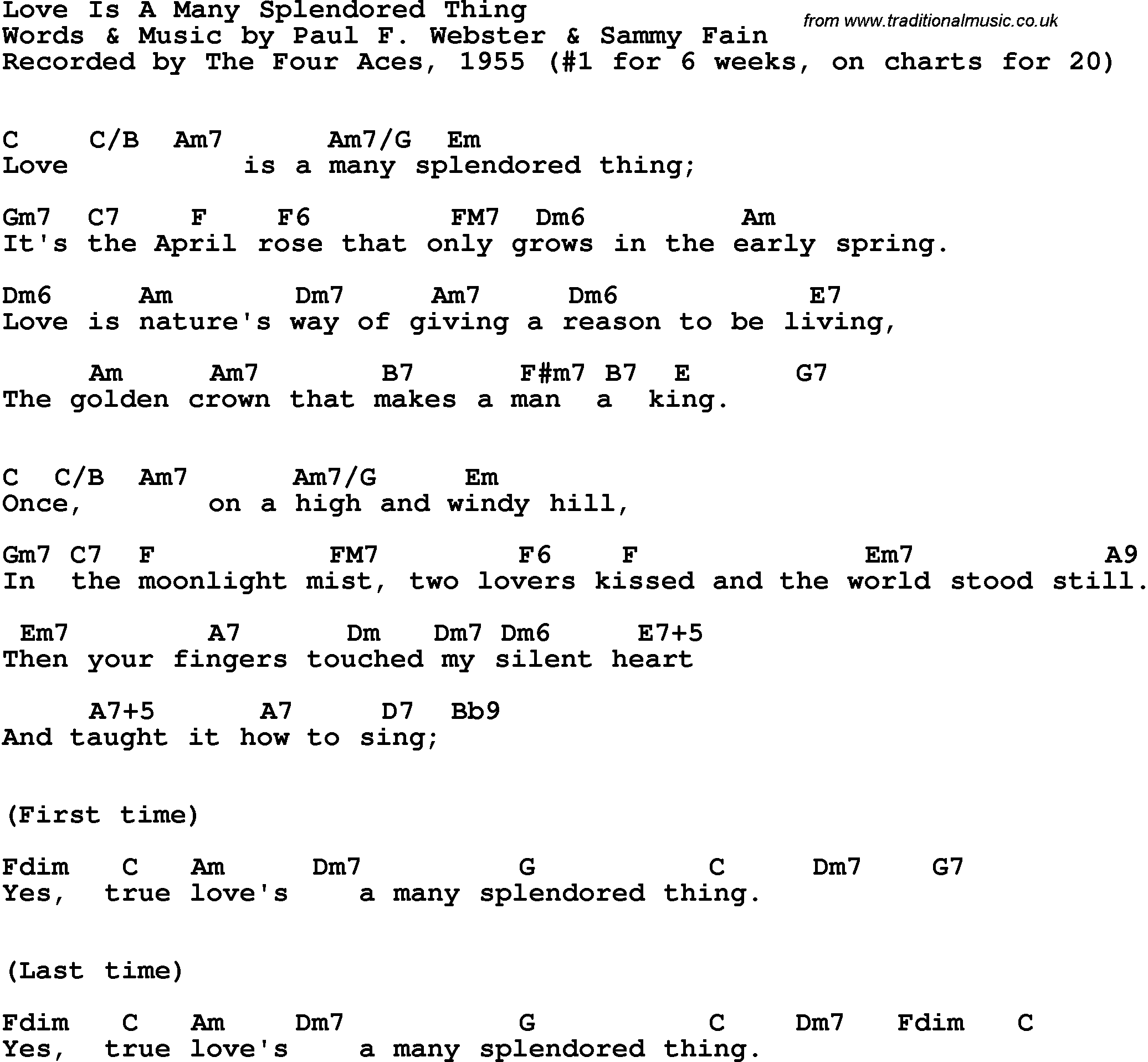 Song Lyrics with guitar chords for Love Is A Many-splendored Thing - The Four Aces, 1955