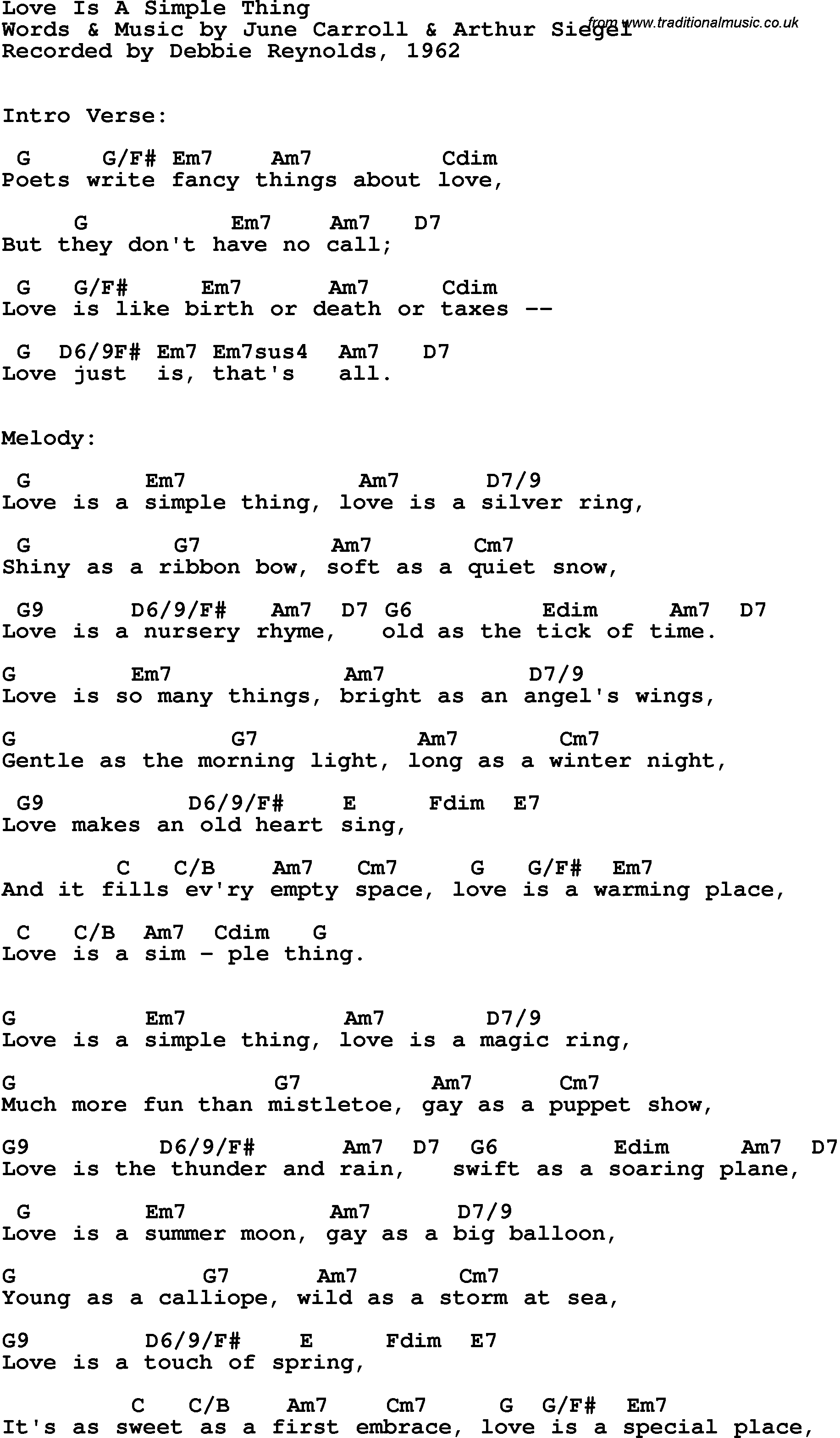 Song Lyrics with guitar chords for Love Is A Simple Thing - Debbie Reynolds, 1962