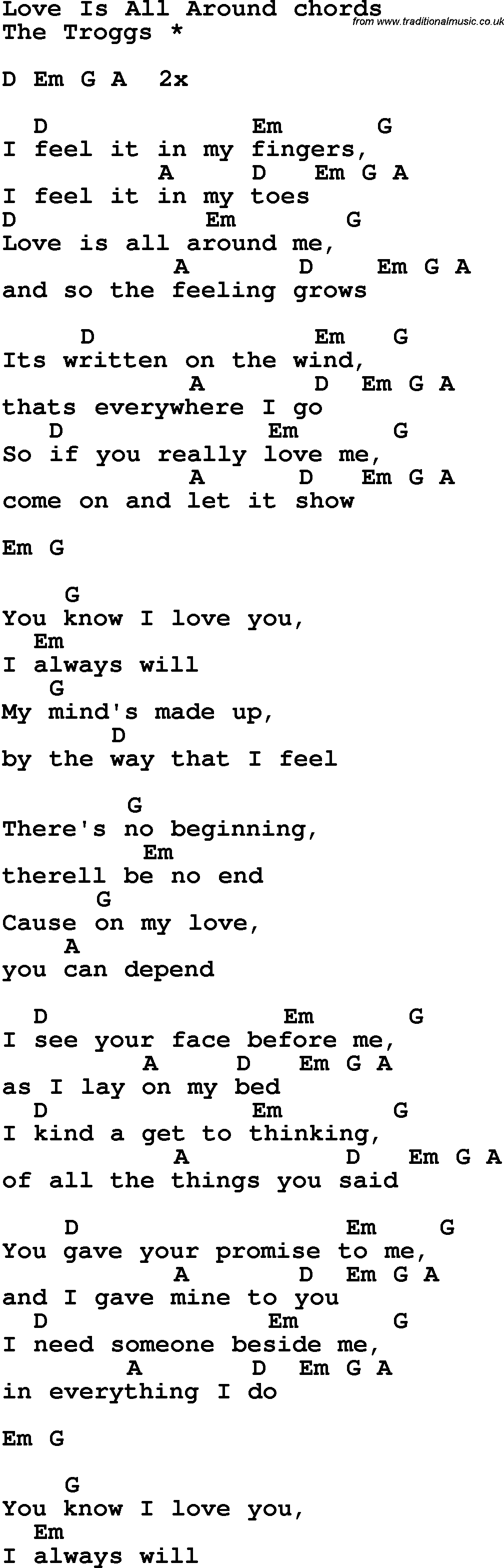 Song Lyrics with guitar chords for Love Is All Around