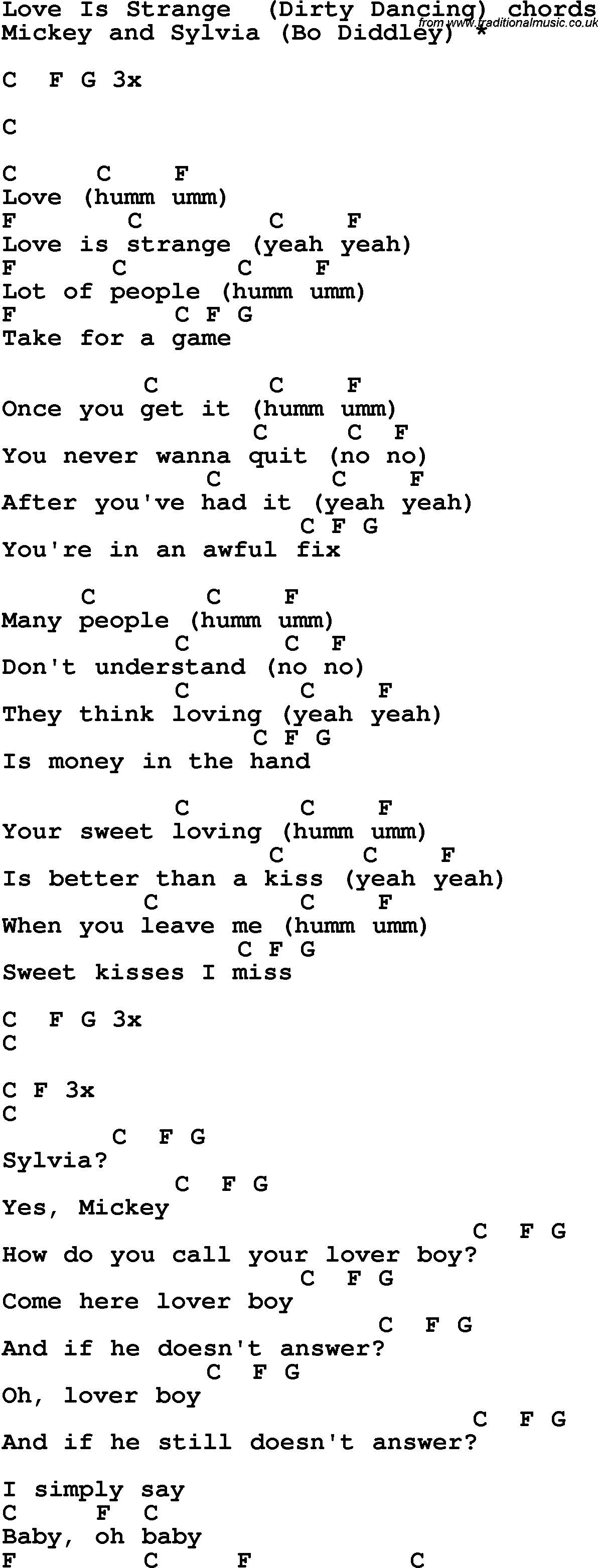 Song Lyrics with guitar chords for Love Is Strange - Mickey And Sylvia