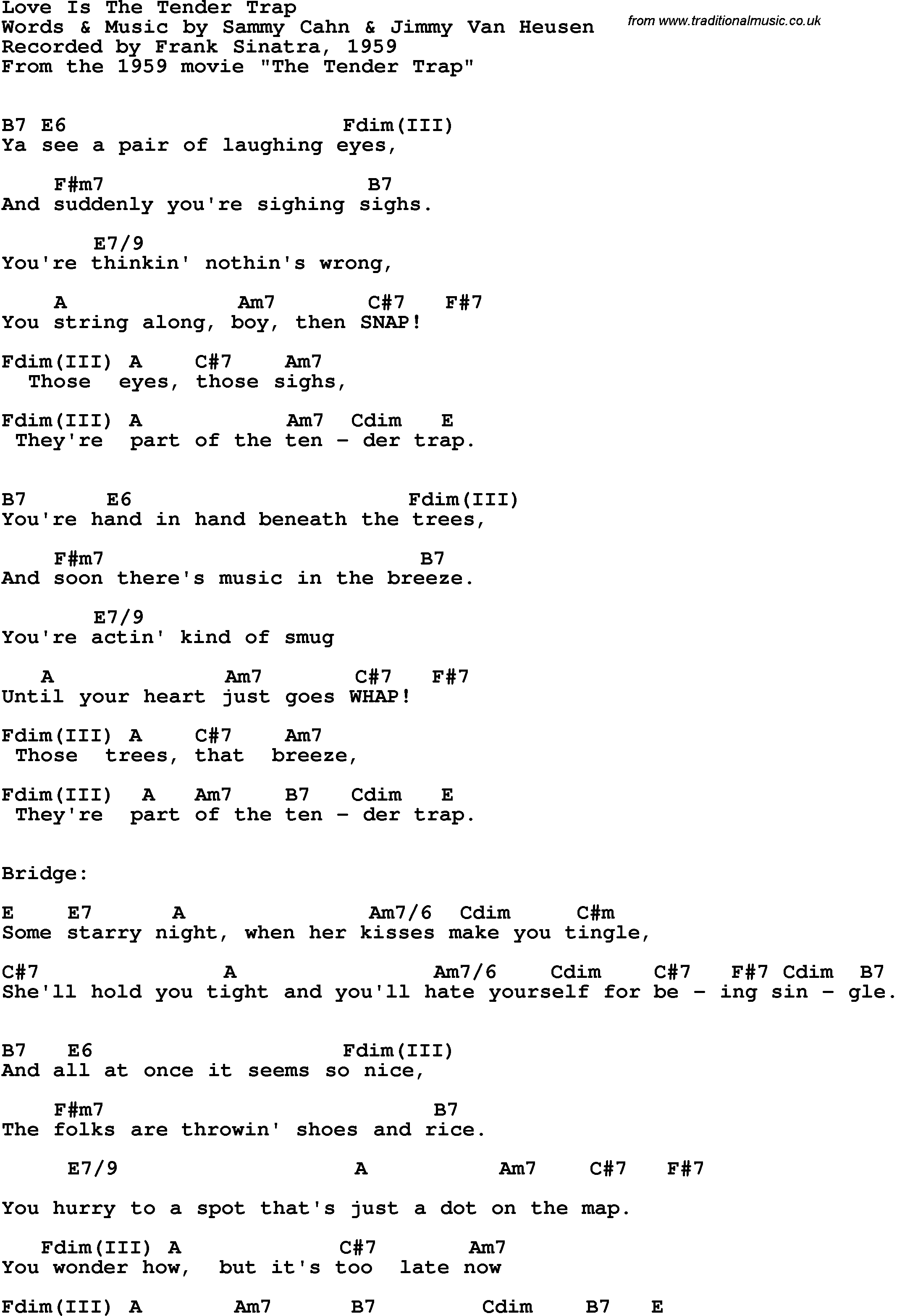 Song Lyrics with guitar chords for Love Is The Tender Trap - Frank Sinatra, 1959