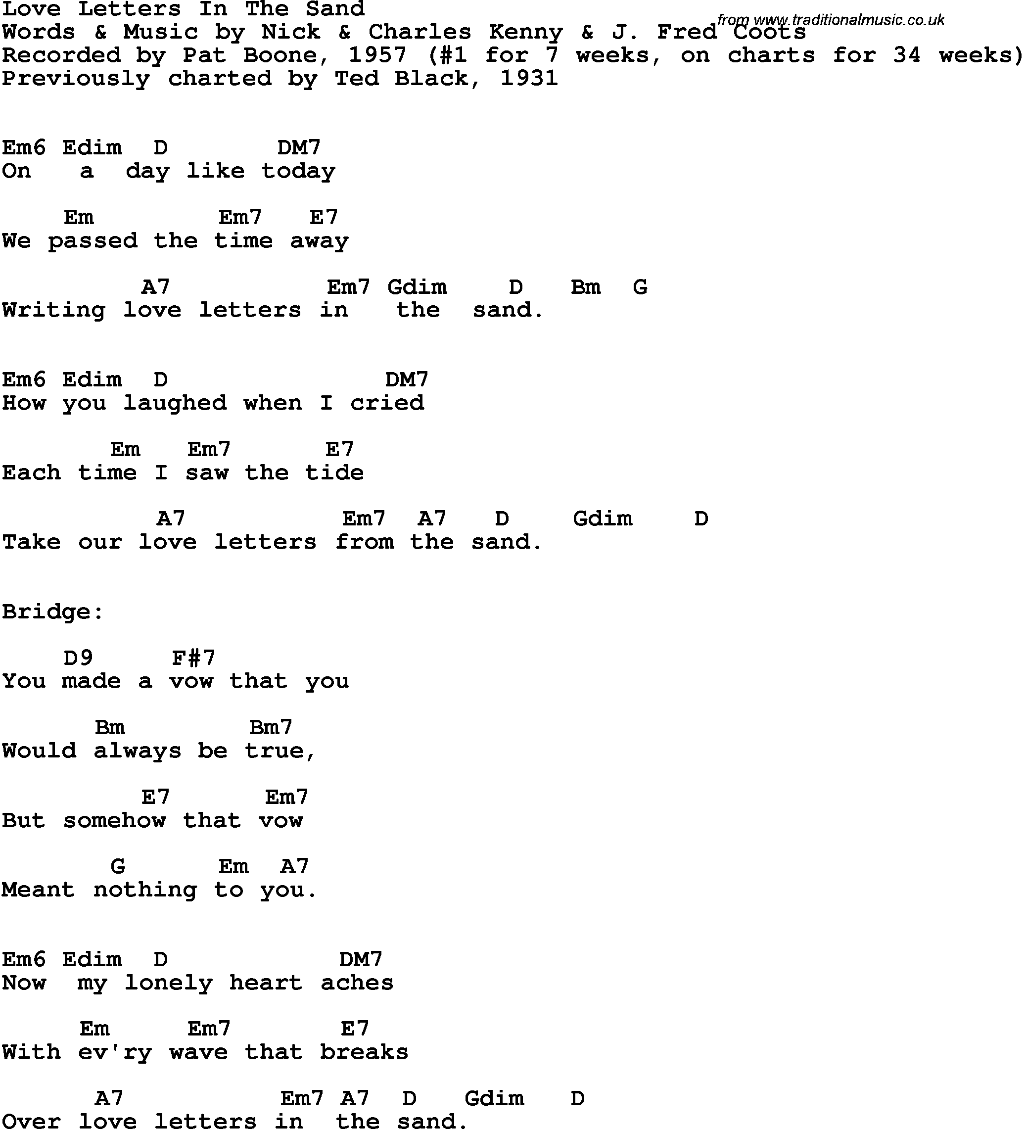 Song Lyrics with guitar chords for Love Letters In The Sand - Pat Boone, 1957