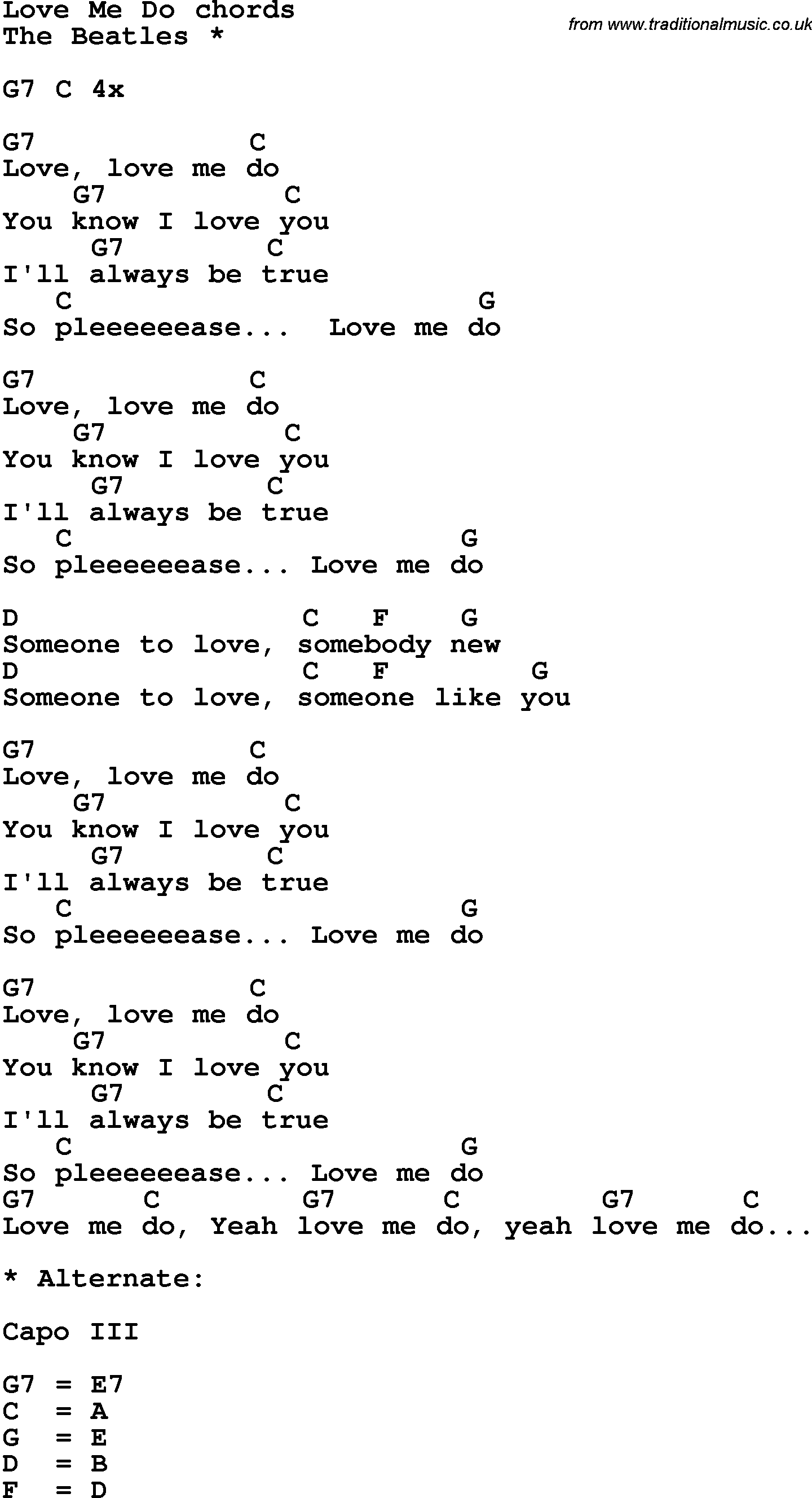 Song Lyrics with guitar chords for Love Me Do - The Beatles