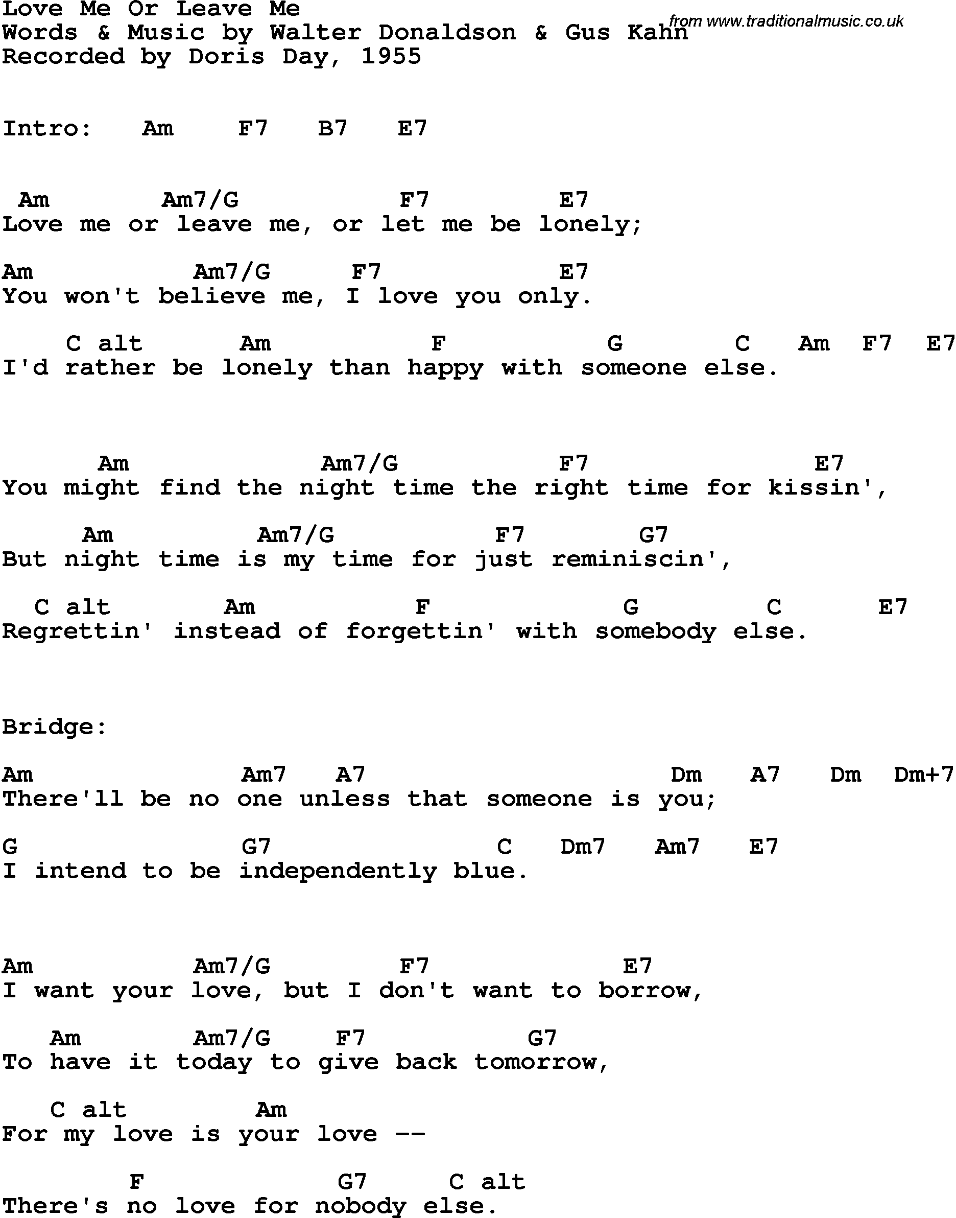 Song Lyrics with guitar chords for Love Me Or Leave Me - Doris Day, 1955