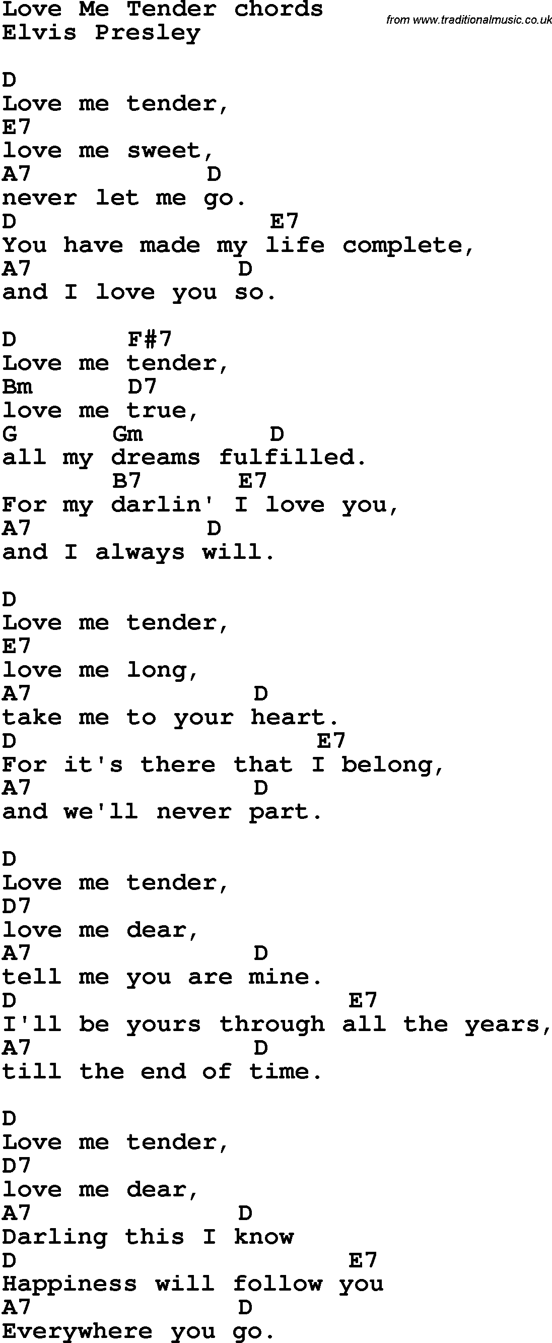 Song Lyrics with guitar chords for Love Me Tender