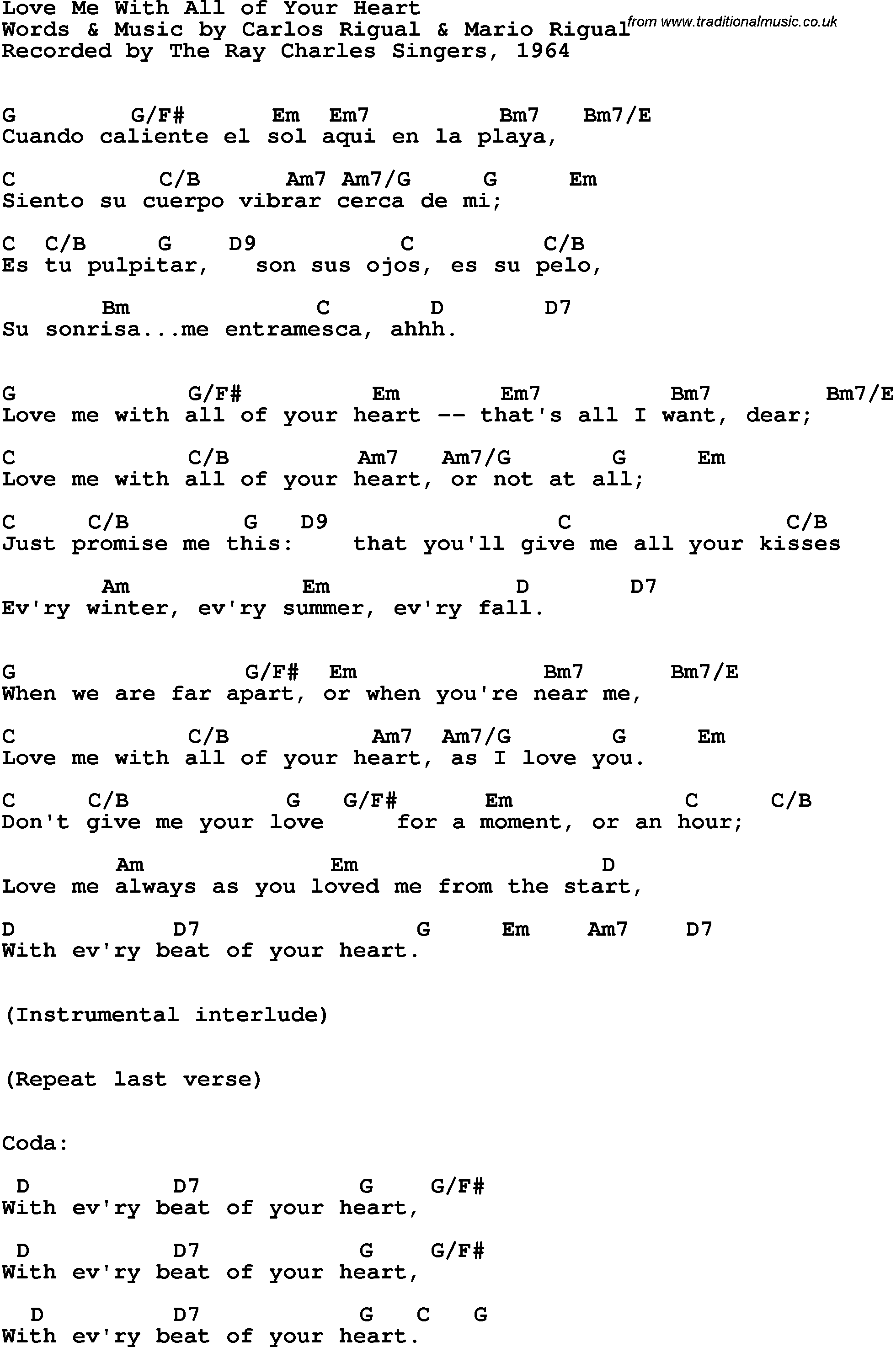 Song Lyrics with guitar chords for Love Me With All Of Your Heart - Ray Charles Singers, 1964