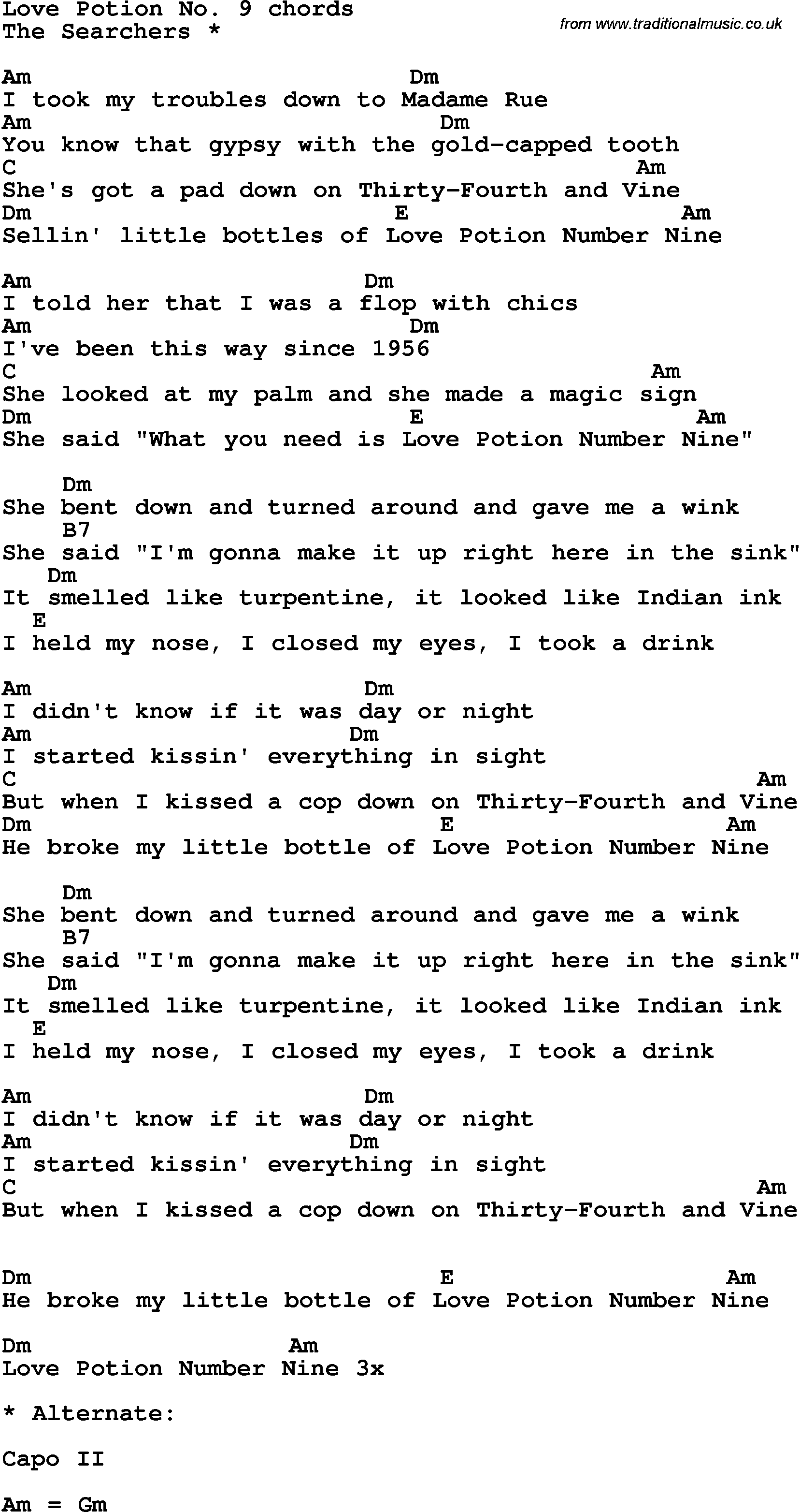 Song Lyrics with guitar chords for Love Potion No Nine