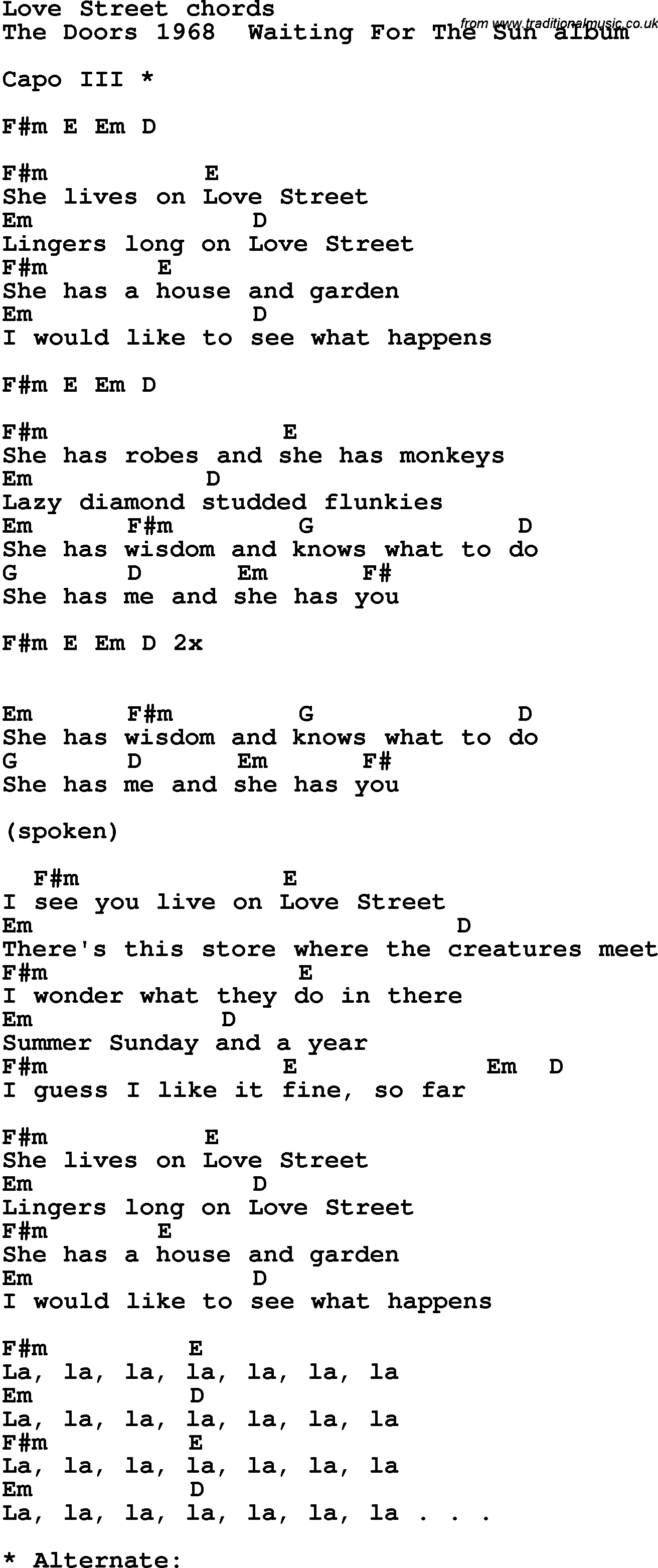 Song Lyrics with guitar chords for Love Street