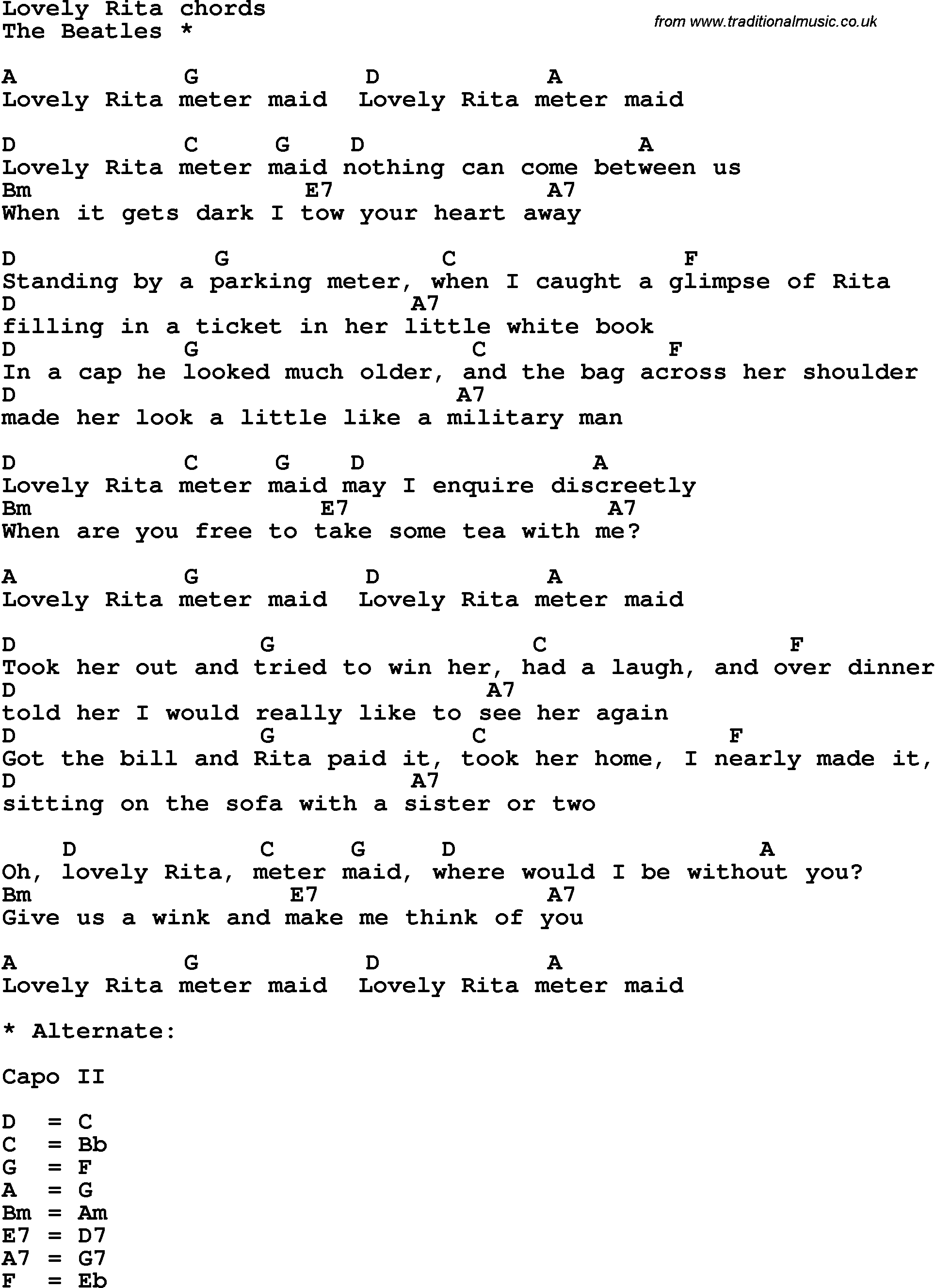 Song Lyrics with guitar chords for Lovely Rita - The Beatles