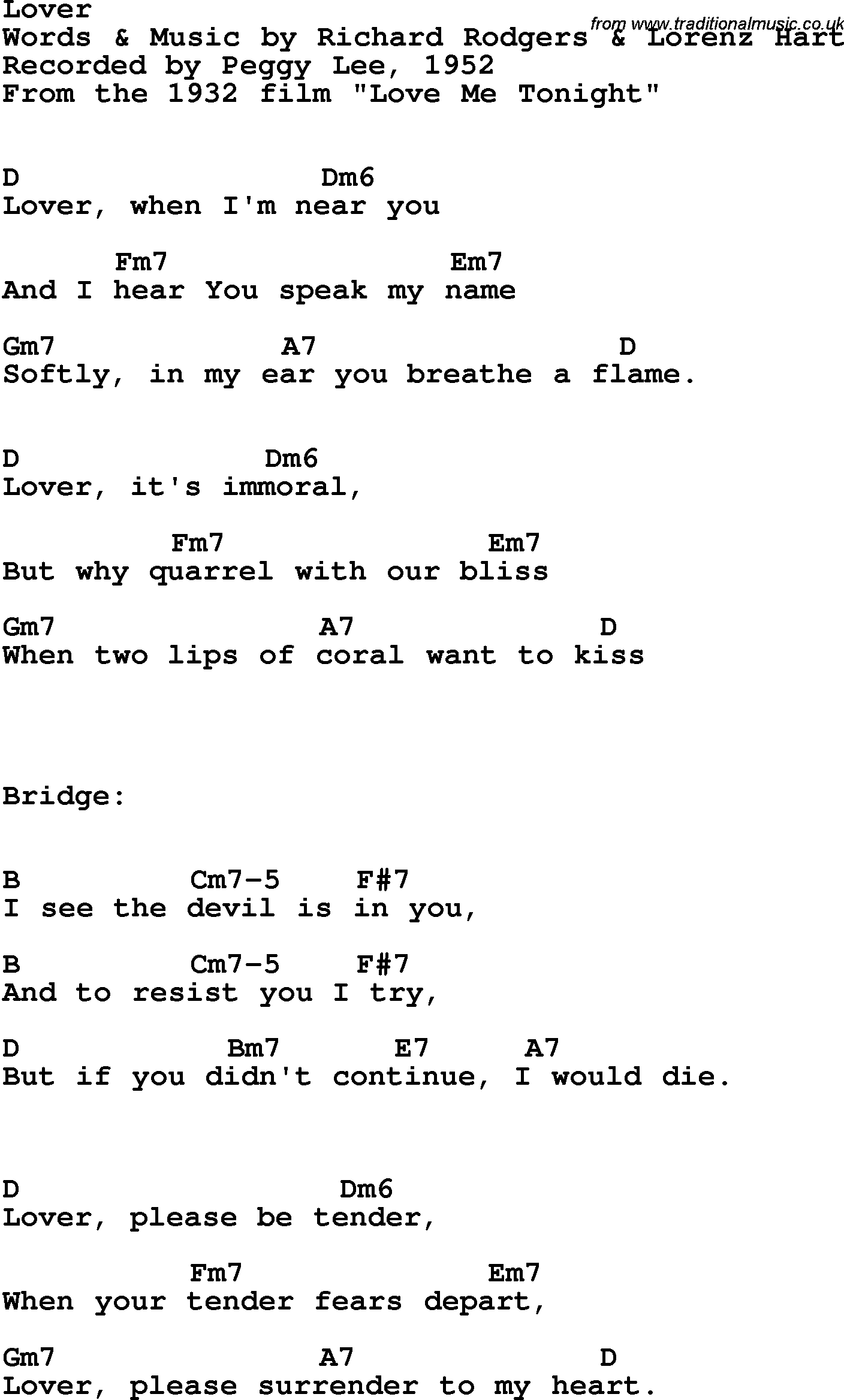 Song Lyrics with guitar chords for Lover - Peggy Lee, 1951