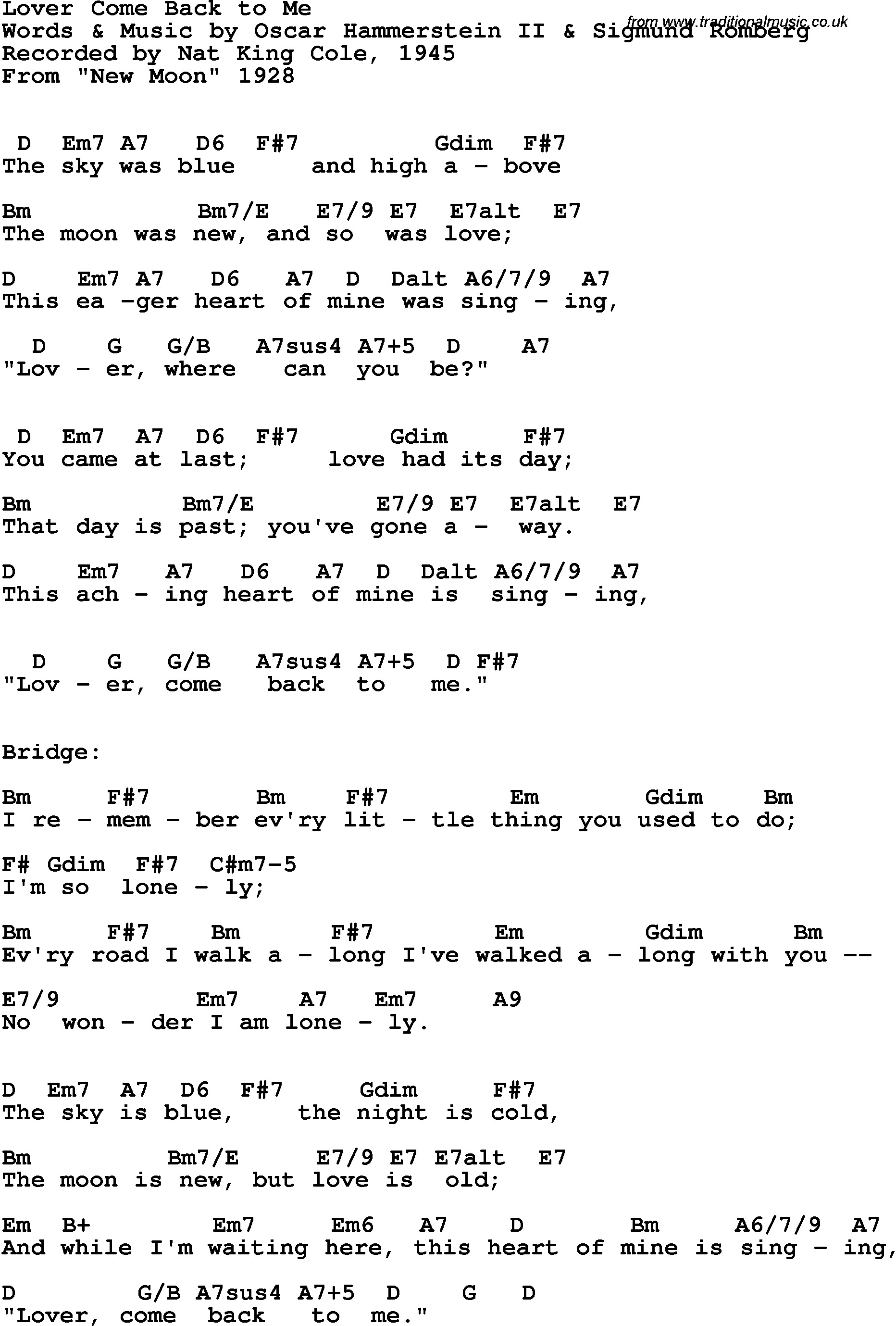 Song Lyrics with guitar chords for Lover Come Back To Me - Nat King Cole, 1945