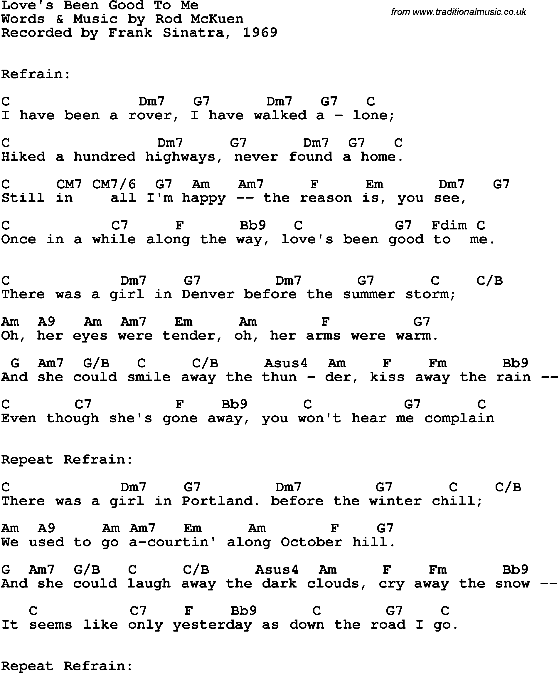 Song Lyrics with guitar chords for Love's Been Good To Me - Frank Sinatra, 1969