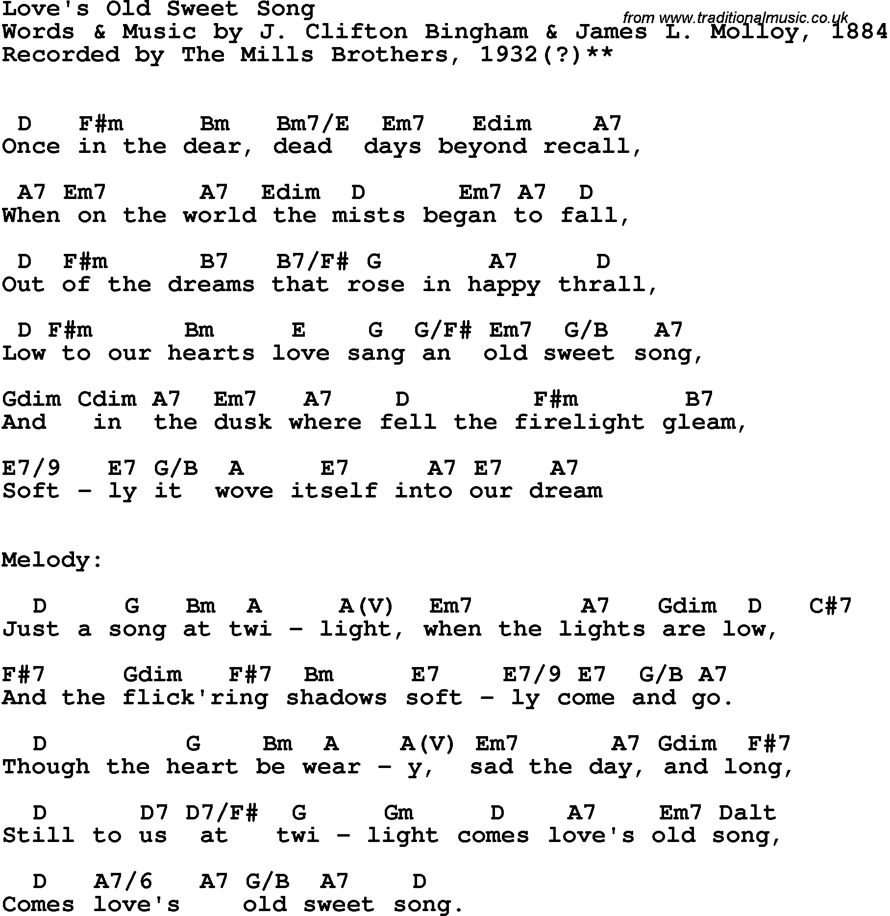 Song Lyrics with guitar chords for Love's Old Sweet Song - The Mills Brothers, 1932()