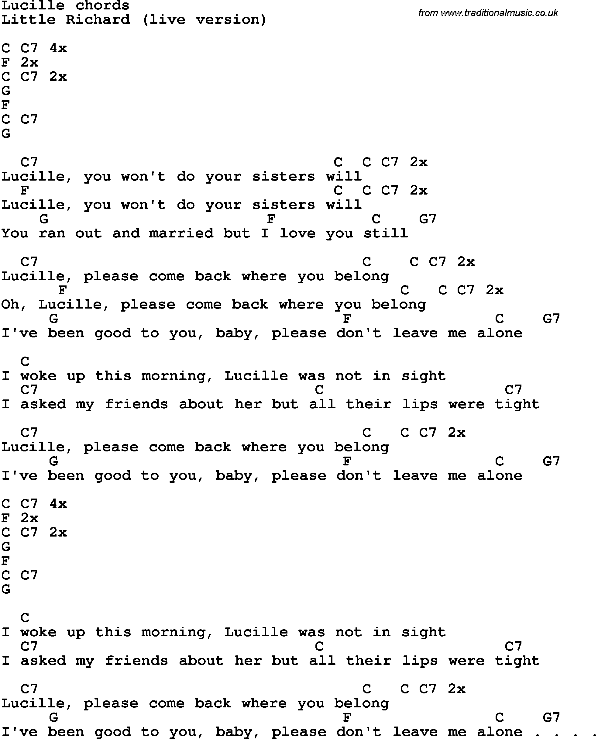 Song Lyrics with guitar chords for Lucille