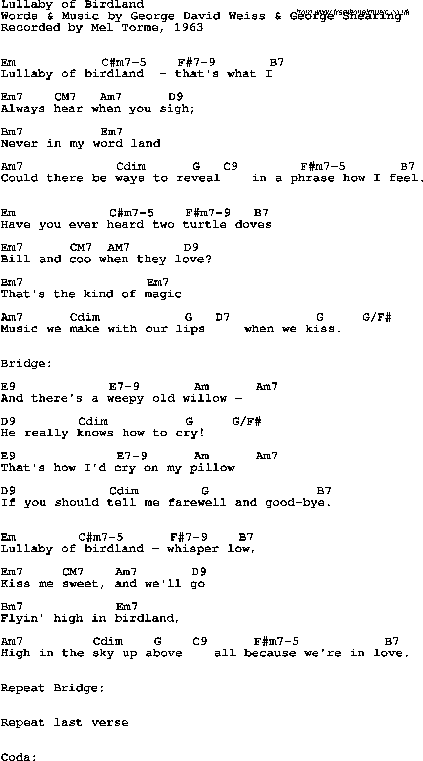 Song Lyrics with guitar chords for Lullaby Of Birdland - Mel Torme, 1963