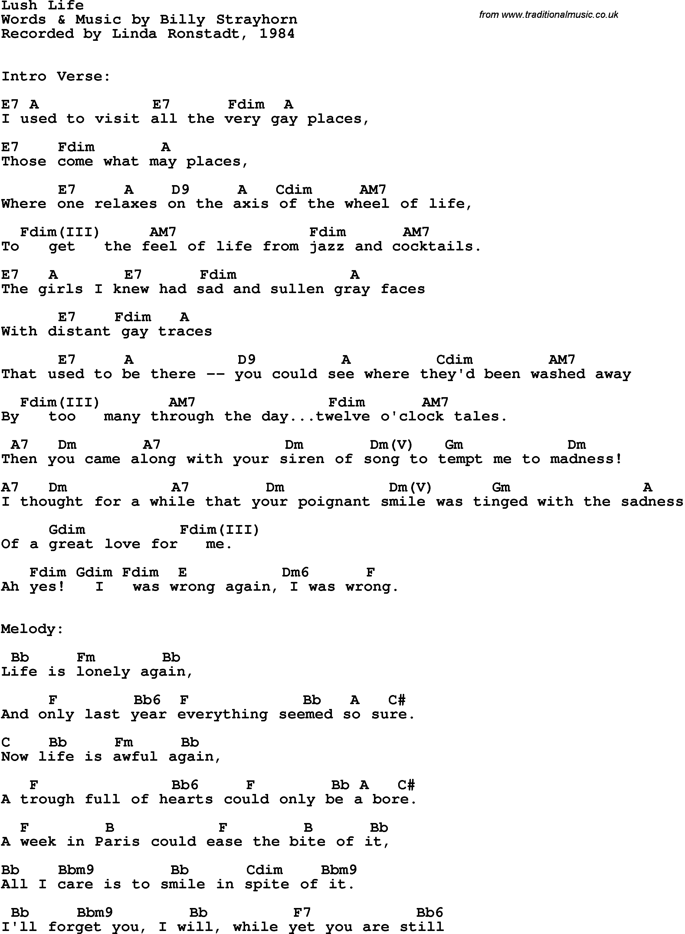 Song Lyrics with guitar chords for Lush Life - Linda Ronstadt, 1984