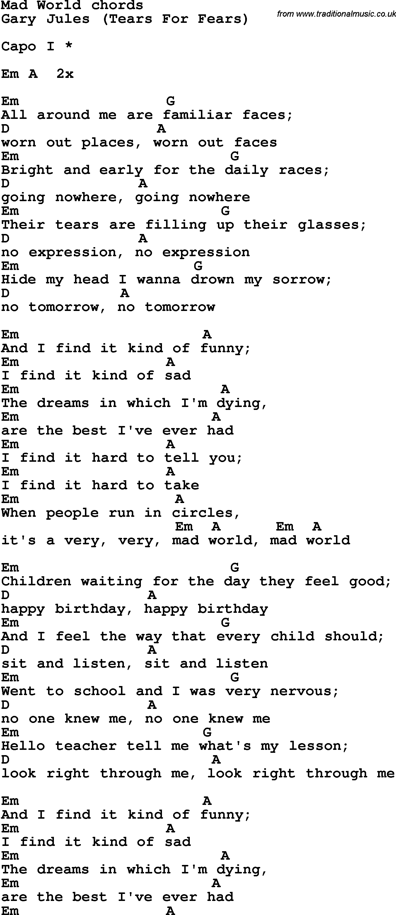 Song Lyrics with guitar chords for Mad World