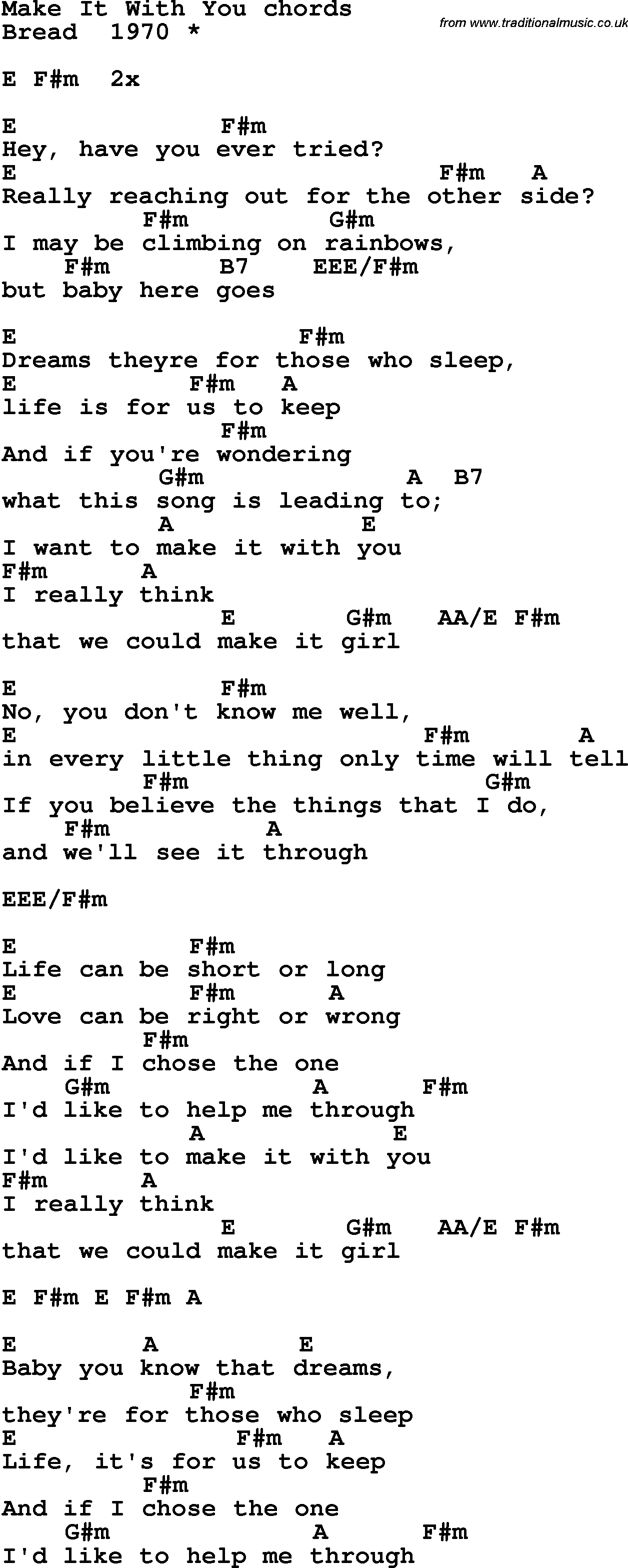 Song Lyrics with guitar chords for Make It With Youbd
