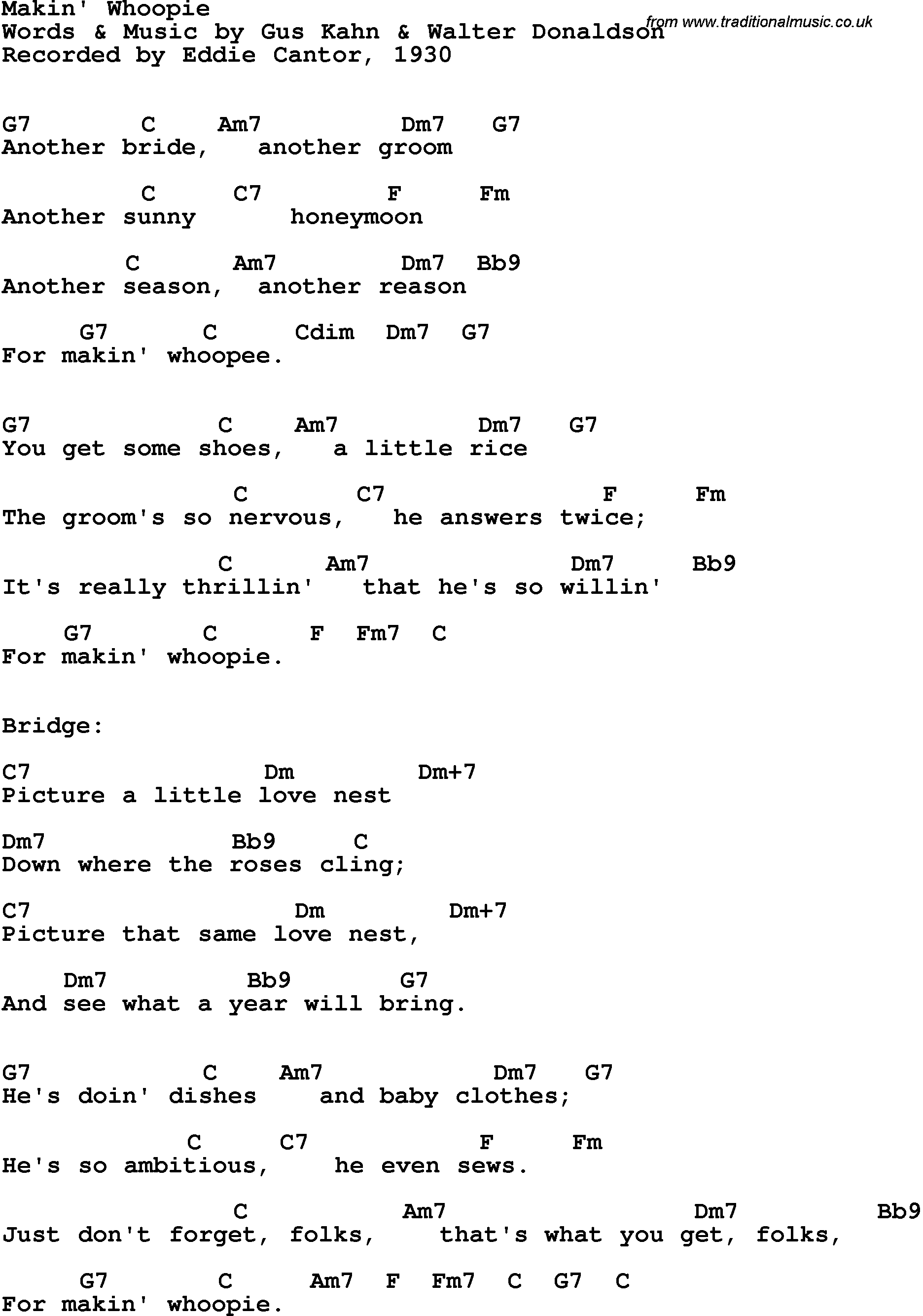 Song Lyrics with guitar chords for Makin' Whoopie - Eddie Cantor, 1930