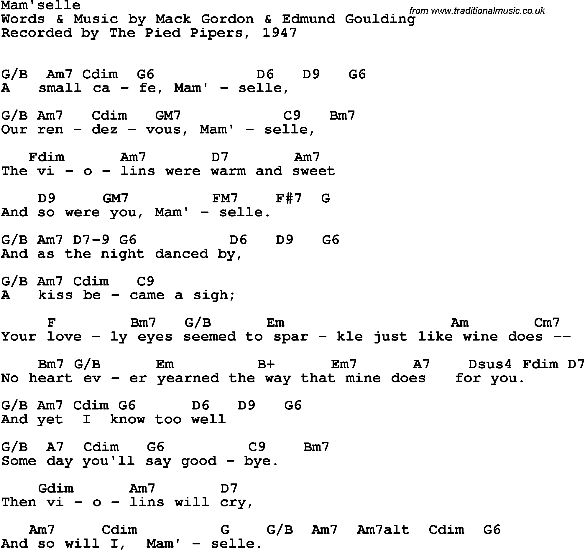 Song Lyrics with guitar chords for Mam'selle - The Pied Pipers, 1947