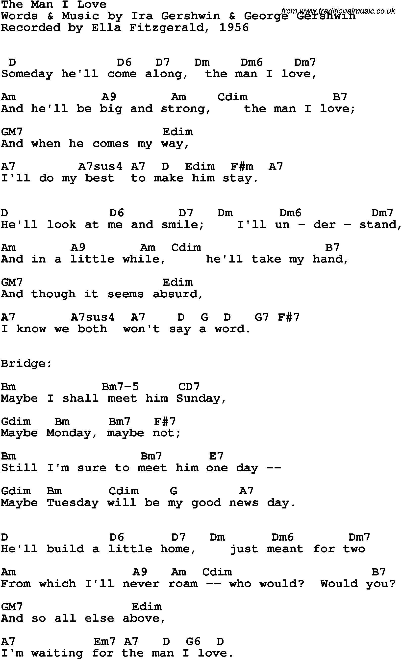 Song Lyrics with guitar chords for Man I Love, The - Ella Fitzgerald, 1956