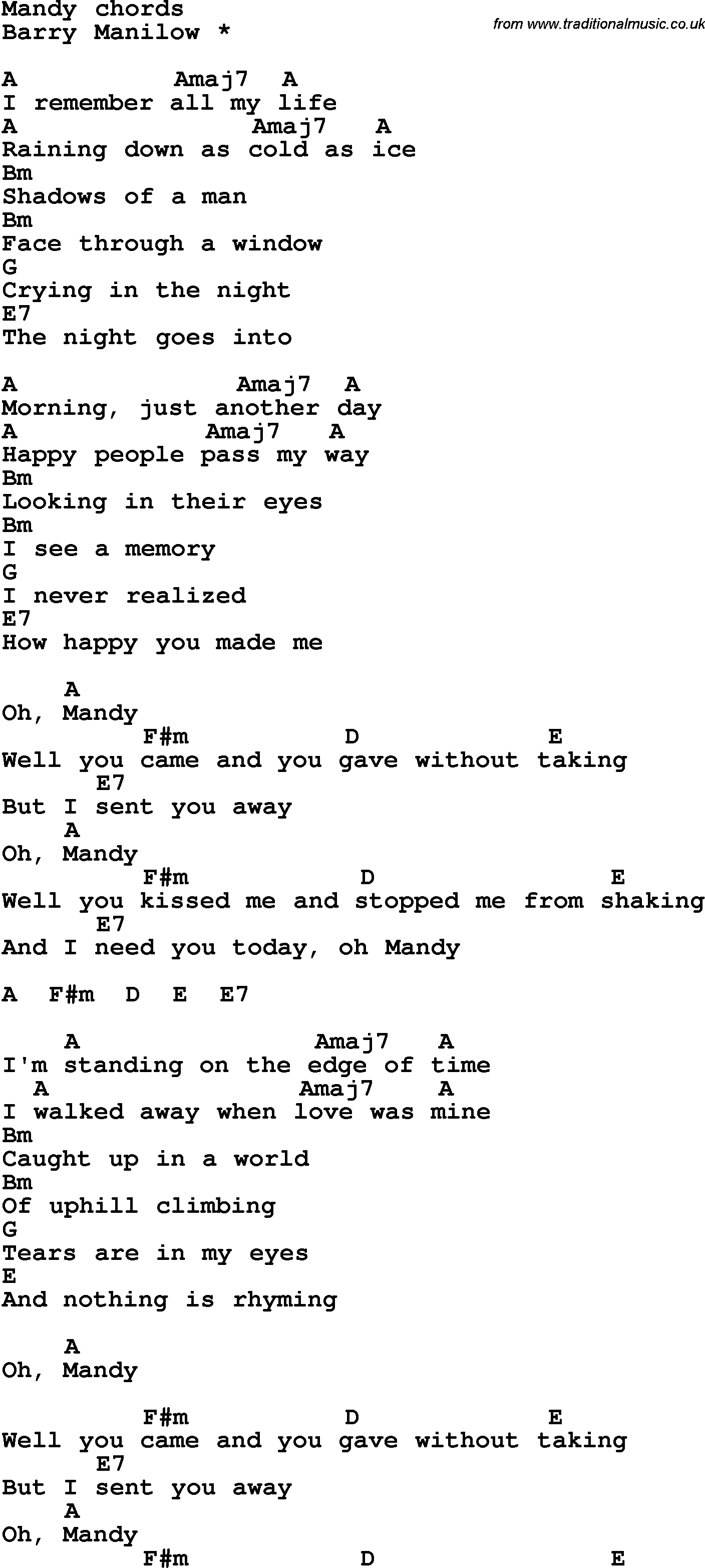 Song Lyrics with guitar chords for Mandy