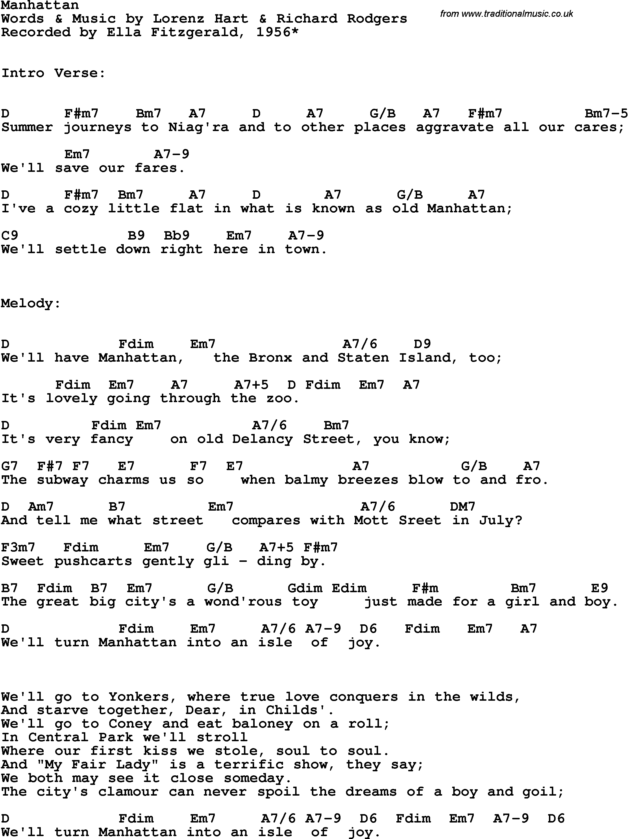 Song Lyrics with guitar chords for Manhattan - Ella Fitzgerald, 1956