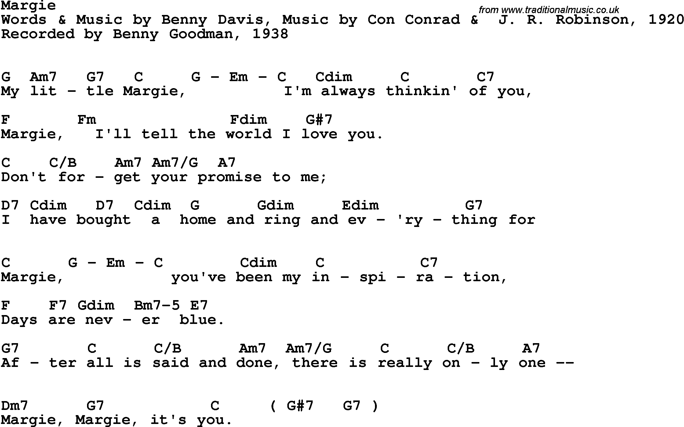 Song Lyrics with guitar chords for Margie - Benny Goodman, 1938