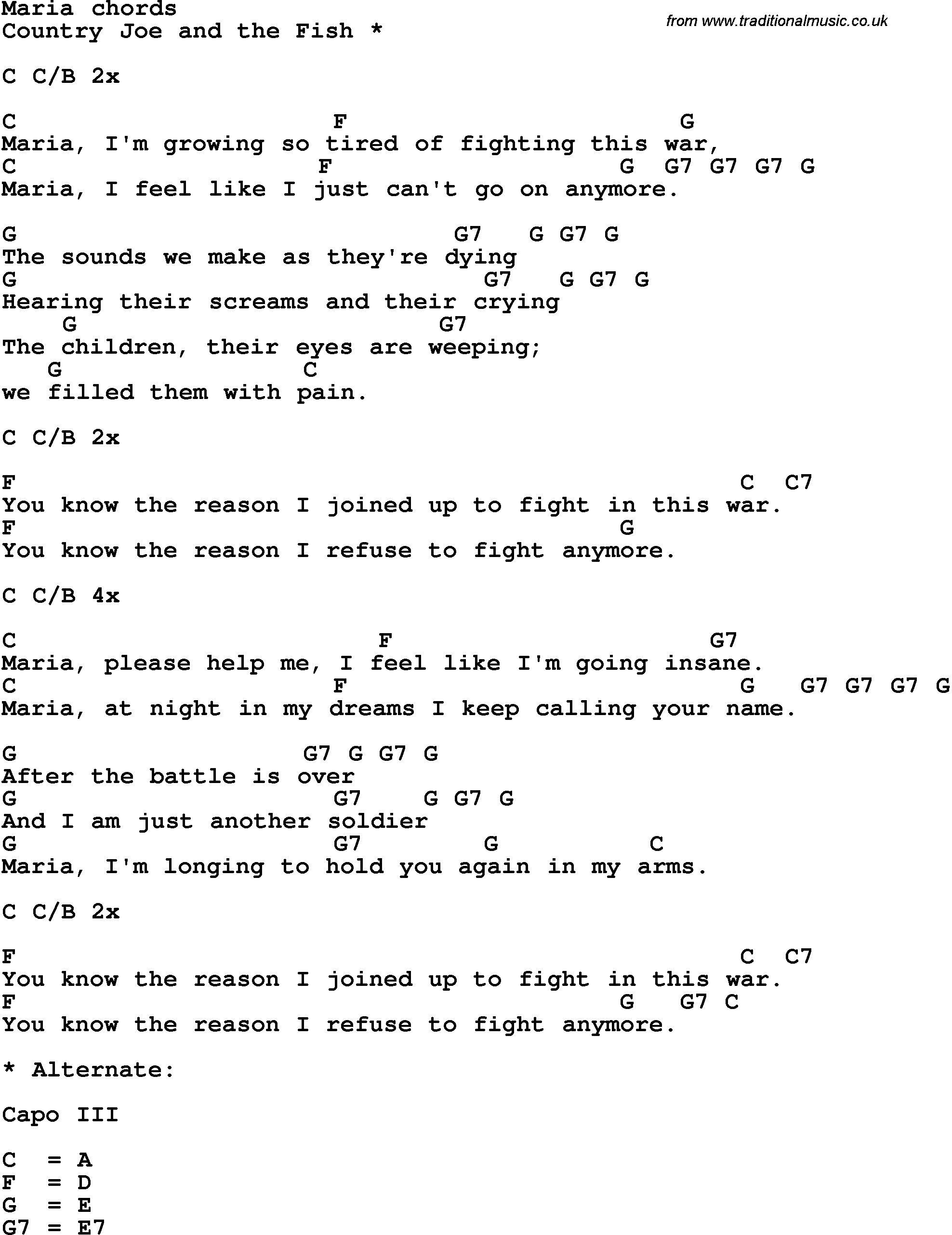 Song Lyrics with guitar chords for Maria