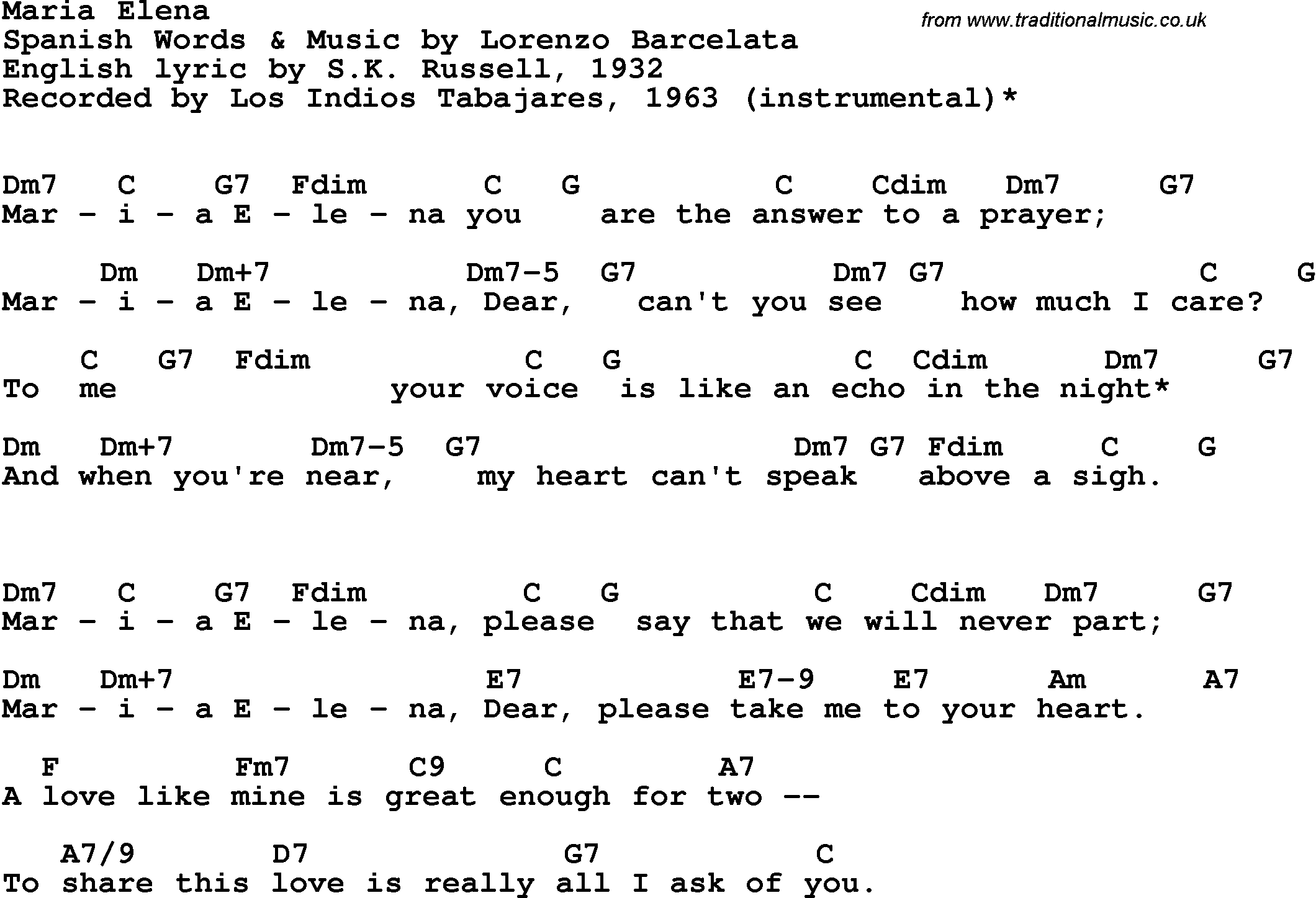 Song Lyrics with guitar chords for Maria Elena - Los Indios Tabajares, 1963