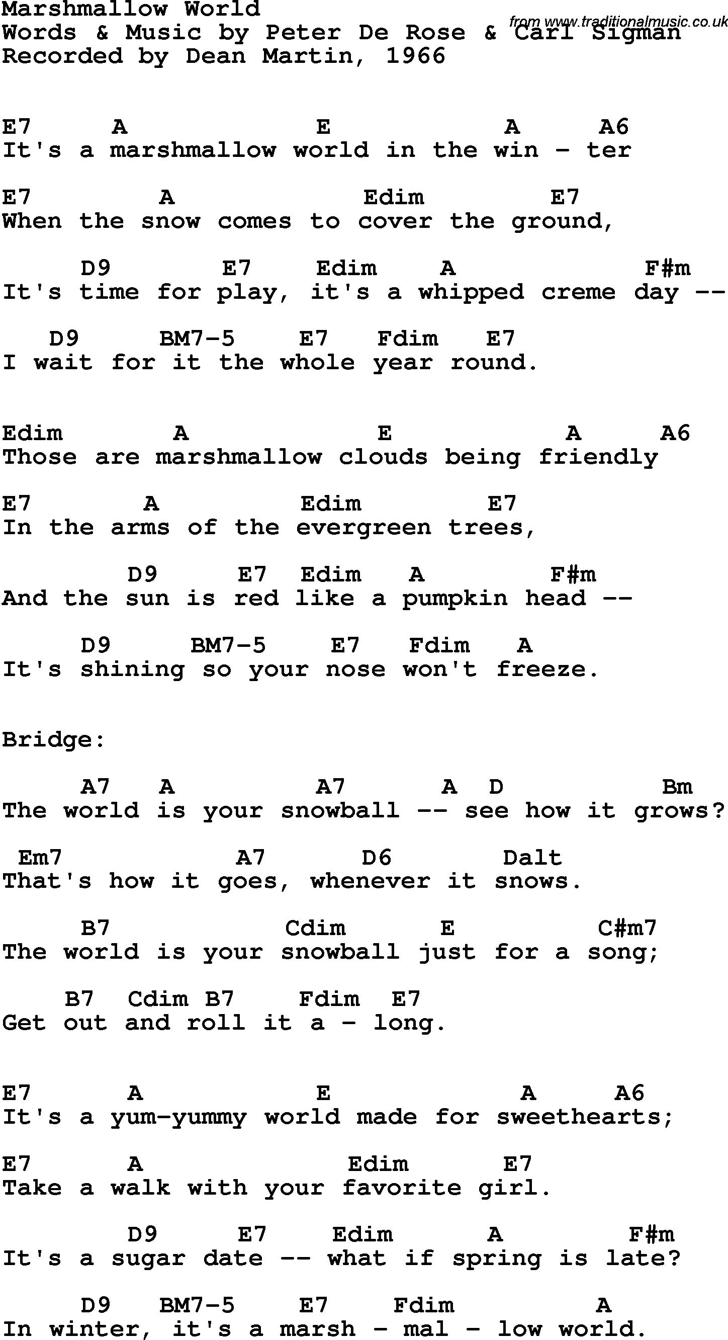 Song Lyrics with guitar chords for Marshmallow World - Dean Martin, 1966
