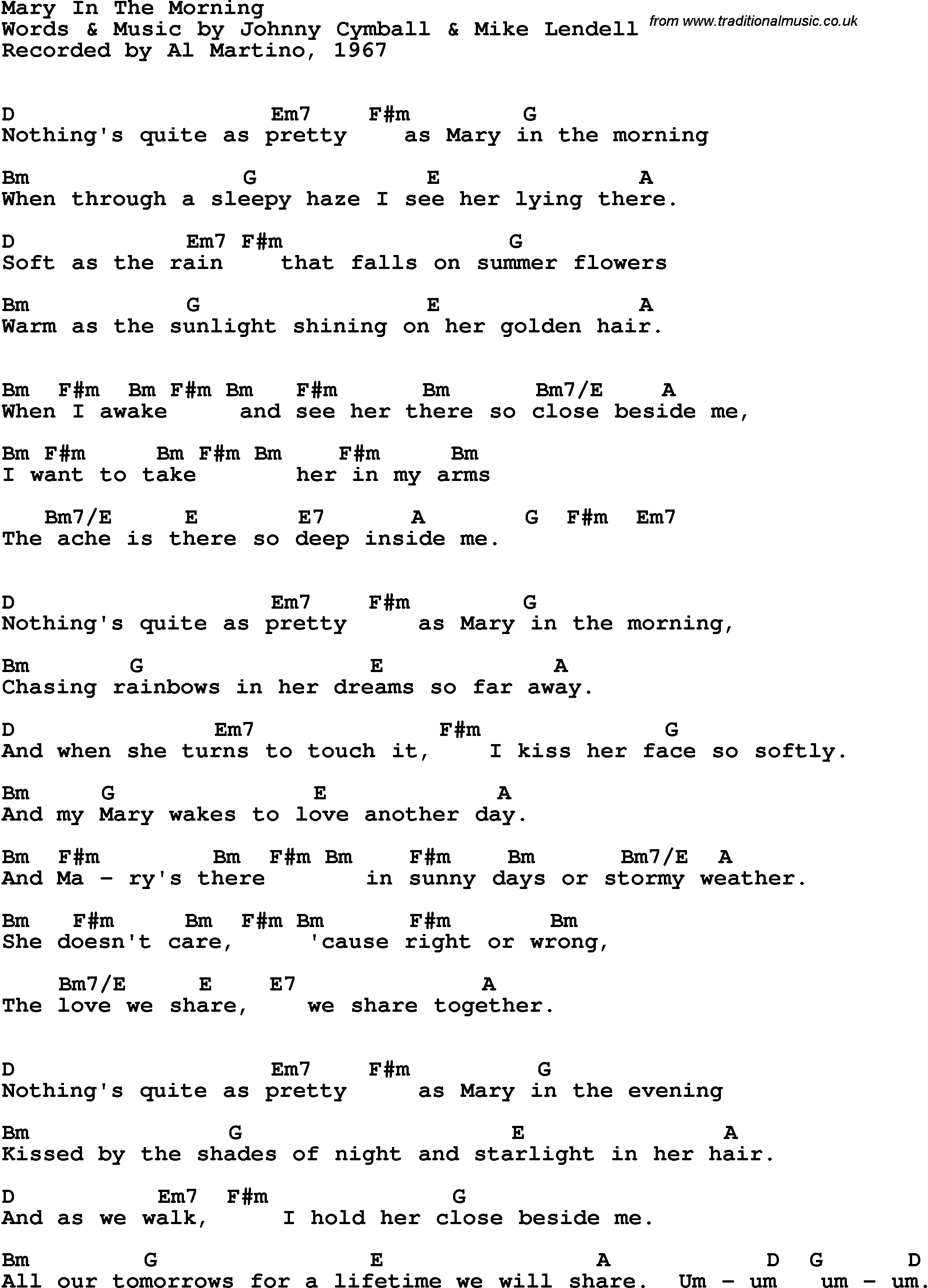 Song Lyrics with guitar chords for Mary In The Morning - Al Martino, 1967