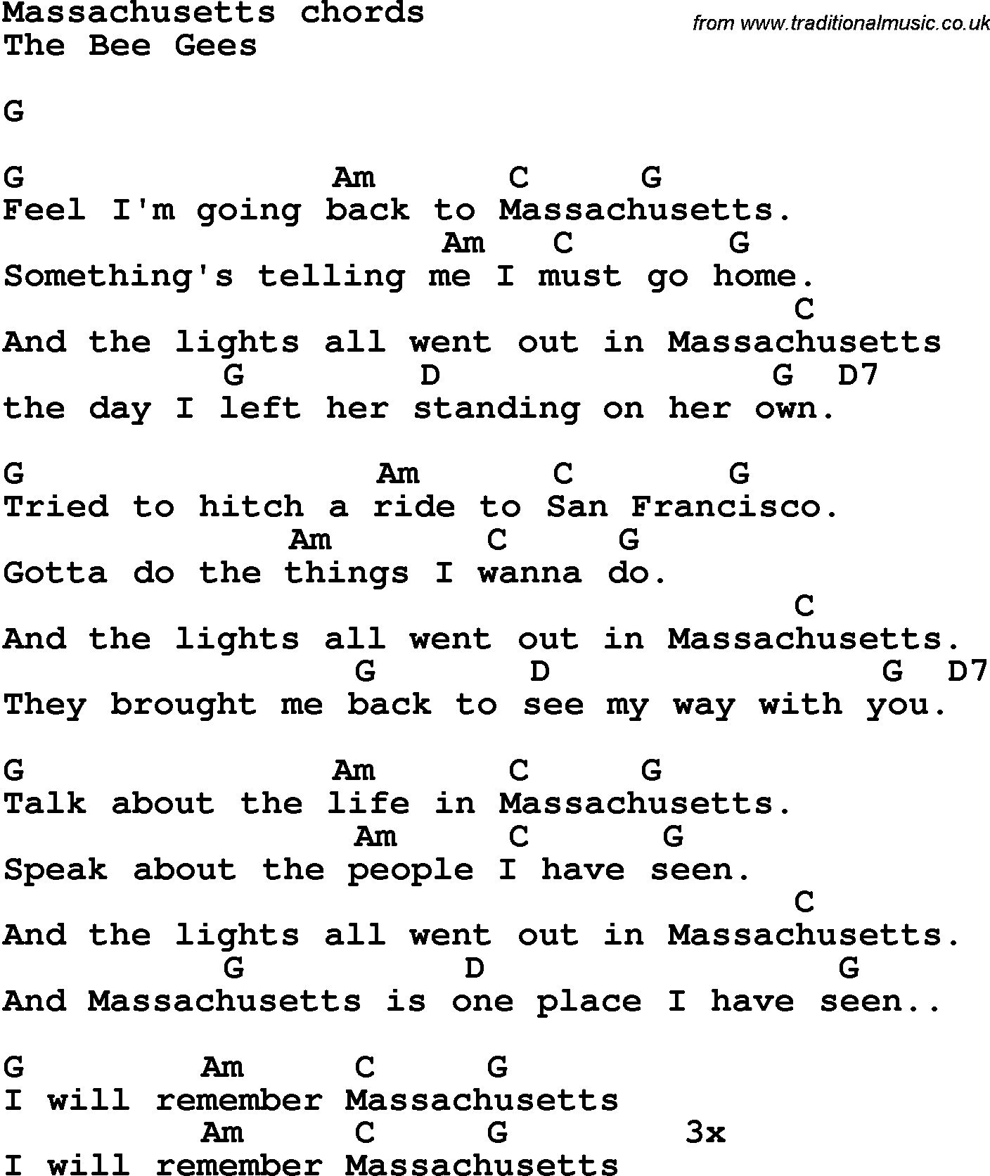 Song Lyrics with guitar chords for Massachusetts