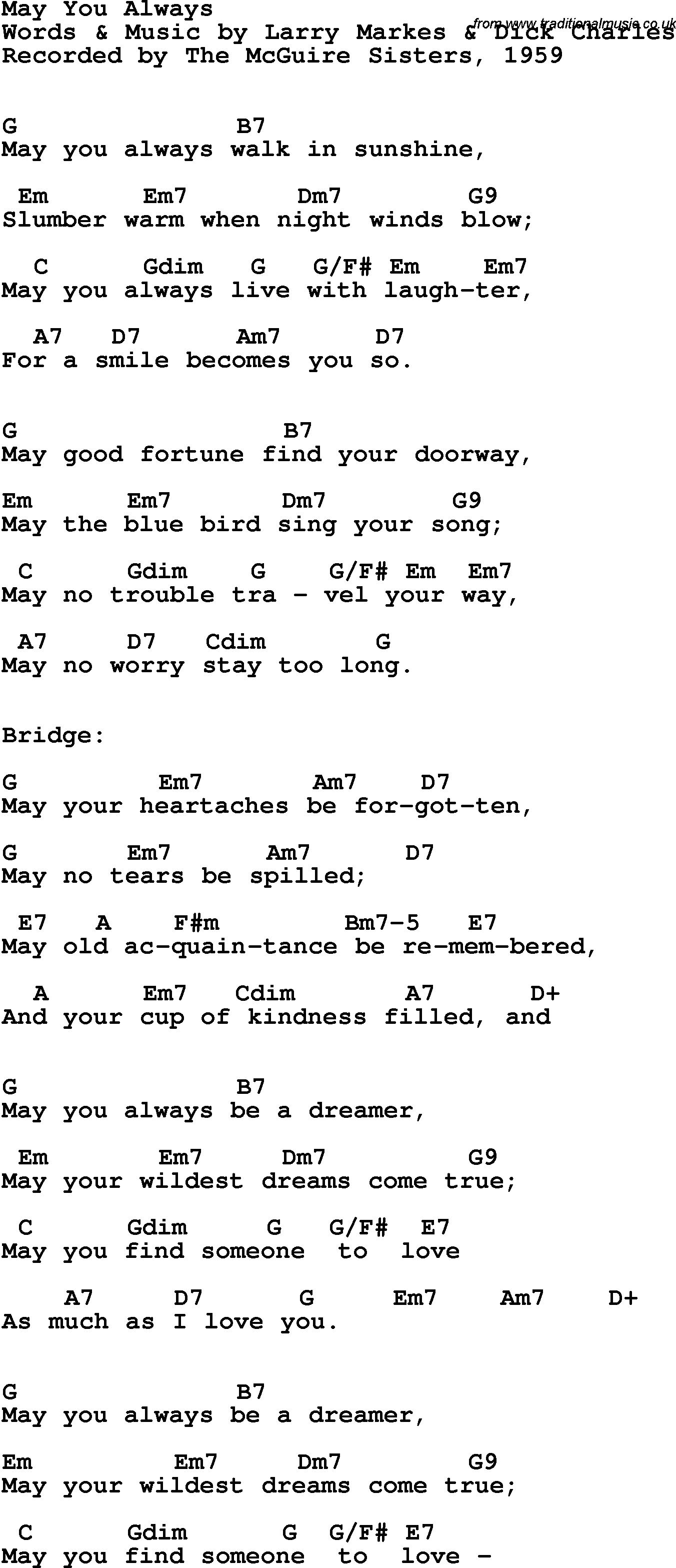 Song Lyrics with guitar chords for May You Always - The Mcguire Sisters, 1959