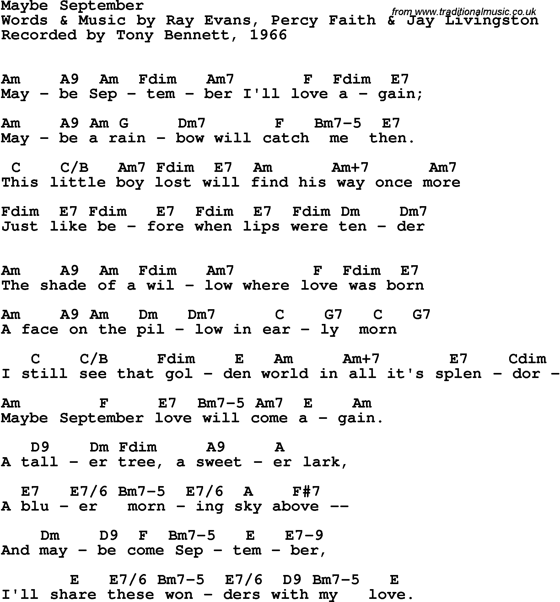 Song Lyrics with guitar chords for Maybe September - Tony Bennett, 1966