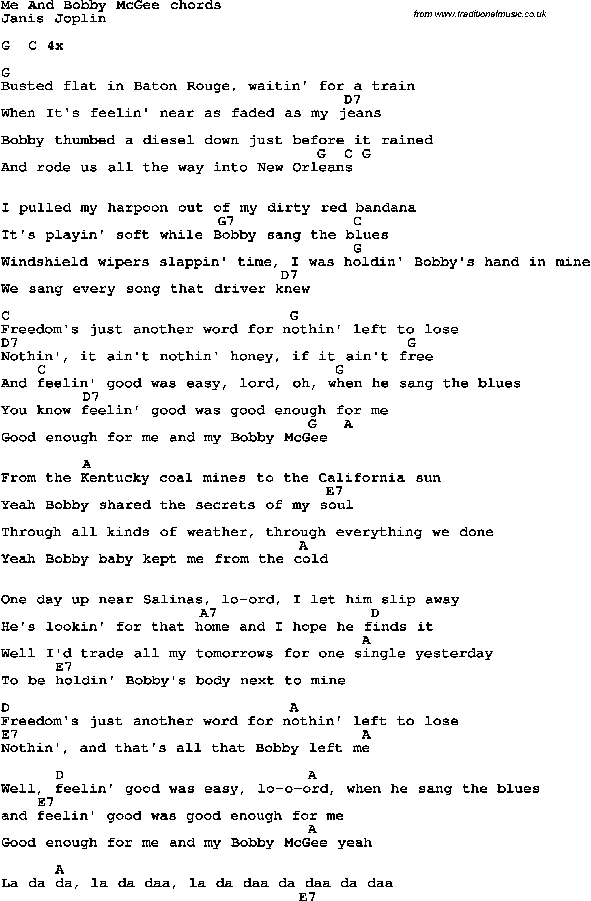 Song Lyrics with guitar chords for Me And Bobby Mcgee
