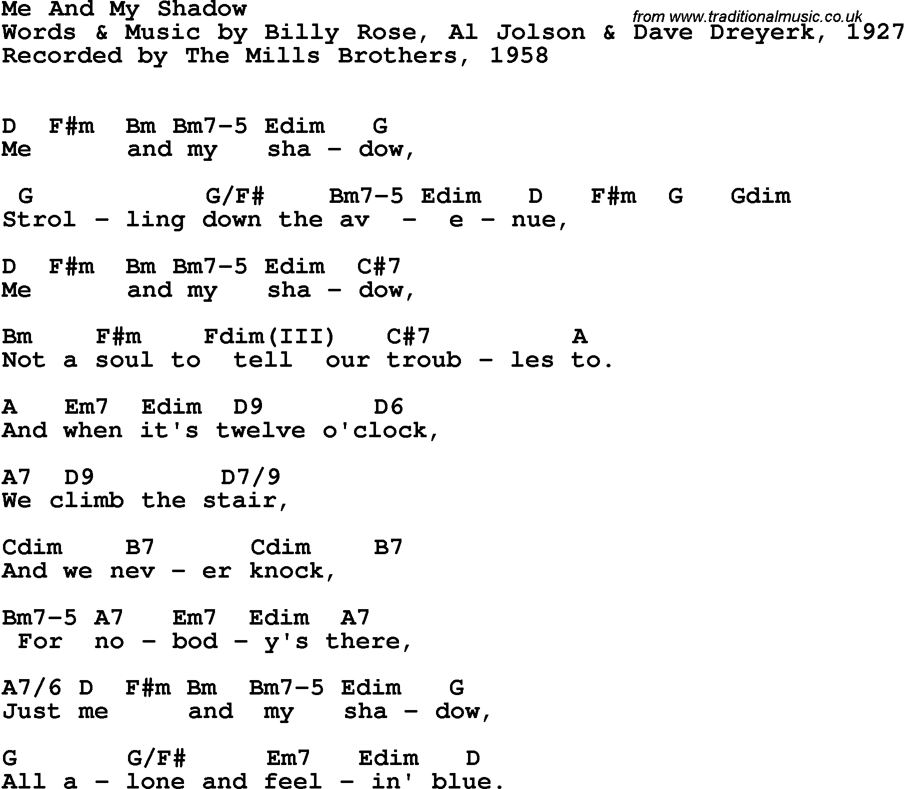 Song Lyrics with guitar chords for Me And My Shadow - The Mills Brothers, 1958